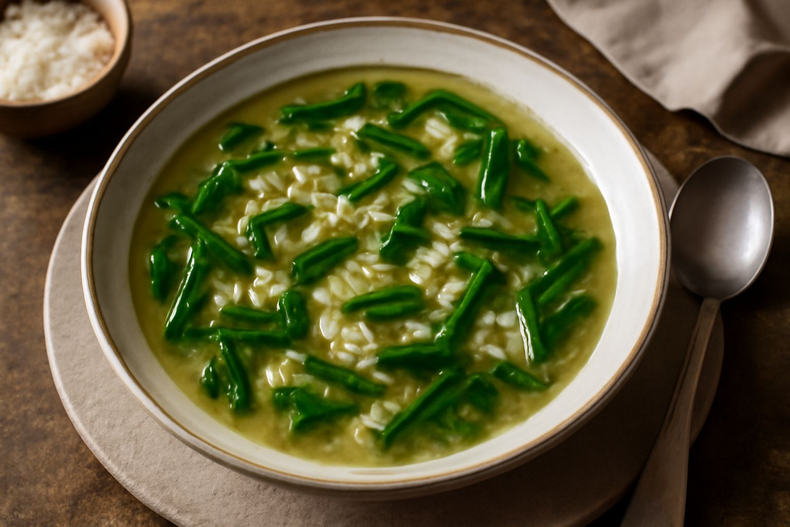 Minestra di riso e cicoria in ciotola bianca, con grani di riso visibili in brodo trasparente, cicoria verde scuro tagliata a pezzi, filo d'olio d'oliva in superficie, cucchiaio di legno appoggiato su