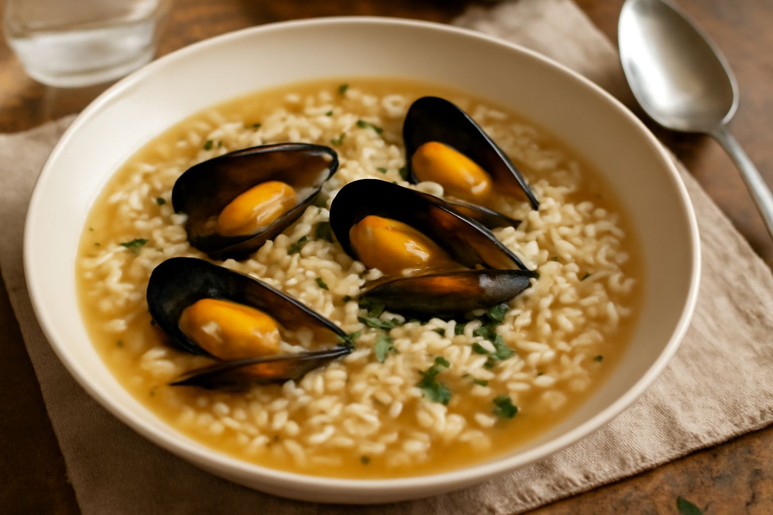 Una ciotola di ceramica bianca con minestra di riso e cozze aperte, brodo trasparente color ambra, grani di riso bianchi visibili, cozze nere con interno arancione, prezzemolo fresco tritato in superf