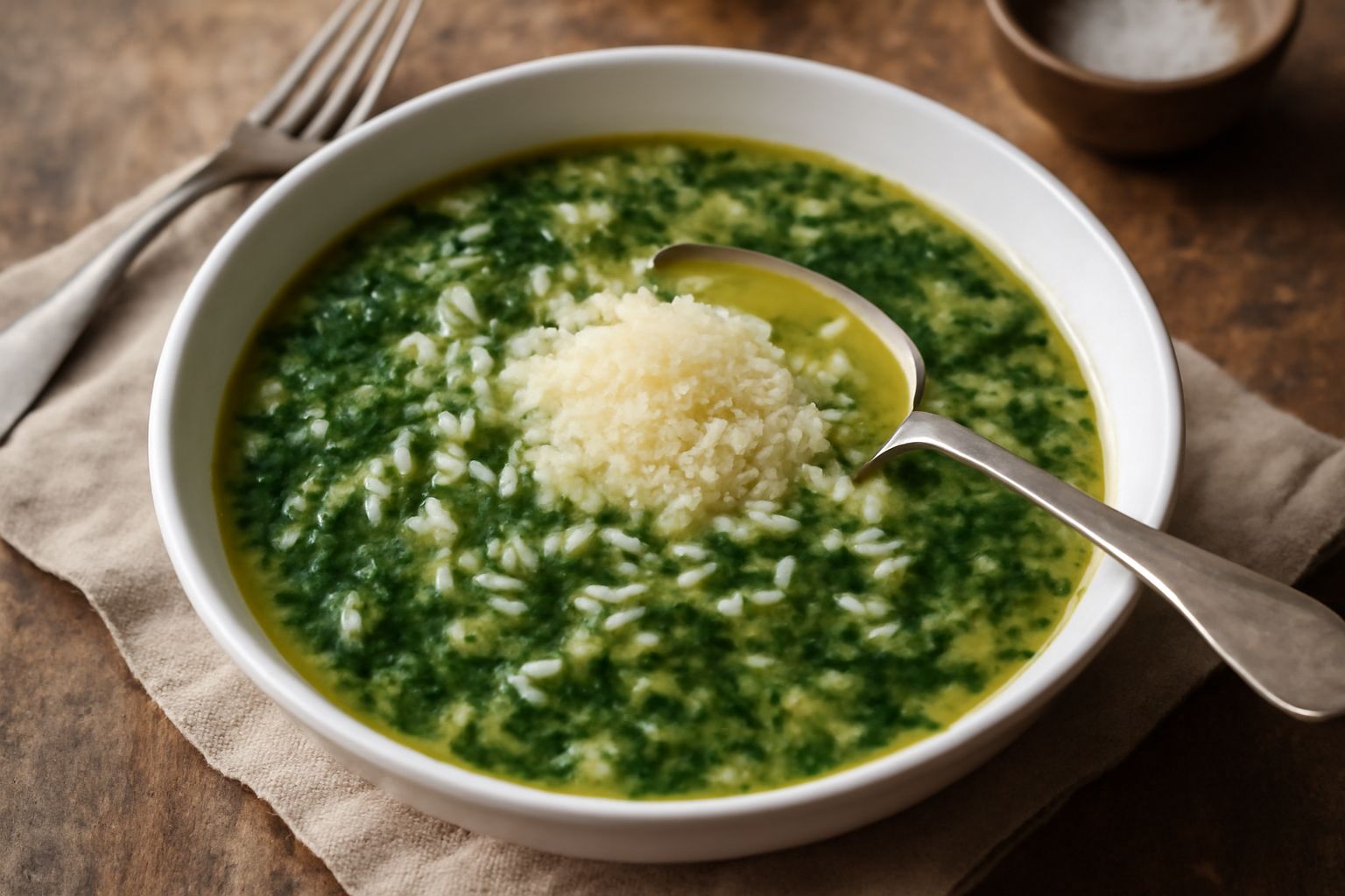 Una ciotola bianca di minestra di riso con erbette verdi e galleggianti, brodo trasparente, olio d'oliva in superficie, servita su tavolo di lino beige