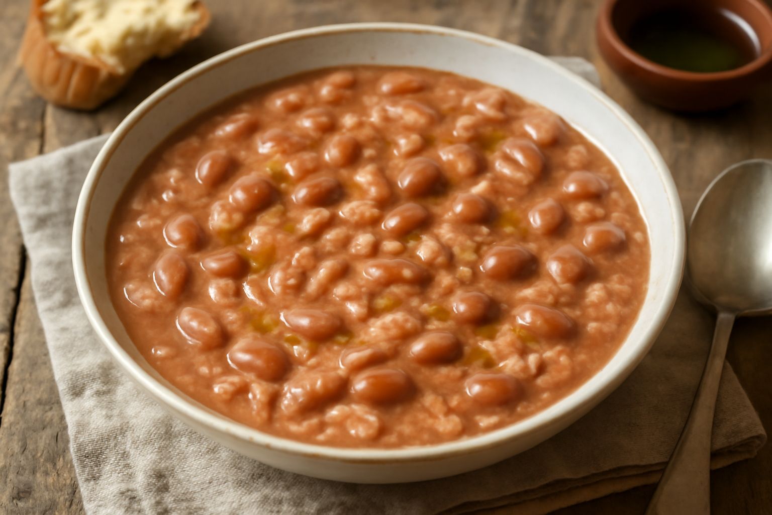 Minestra di riso e fagioli in ciotola bianca, cremosa e omogenea, con fagioli rossi interi visibili, spruzzata d'olio d'oliva, servita con cucchiaio di metallo su tavolo di legno