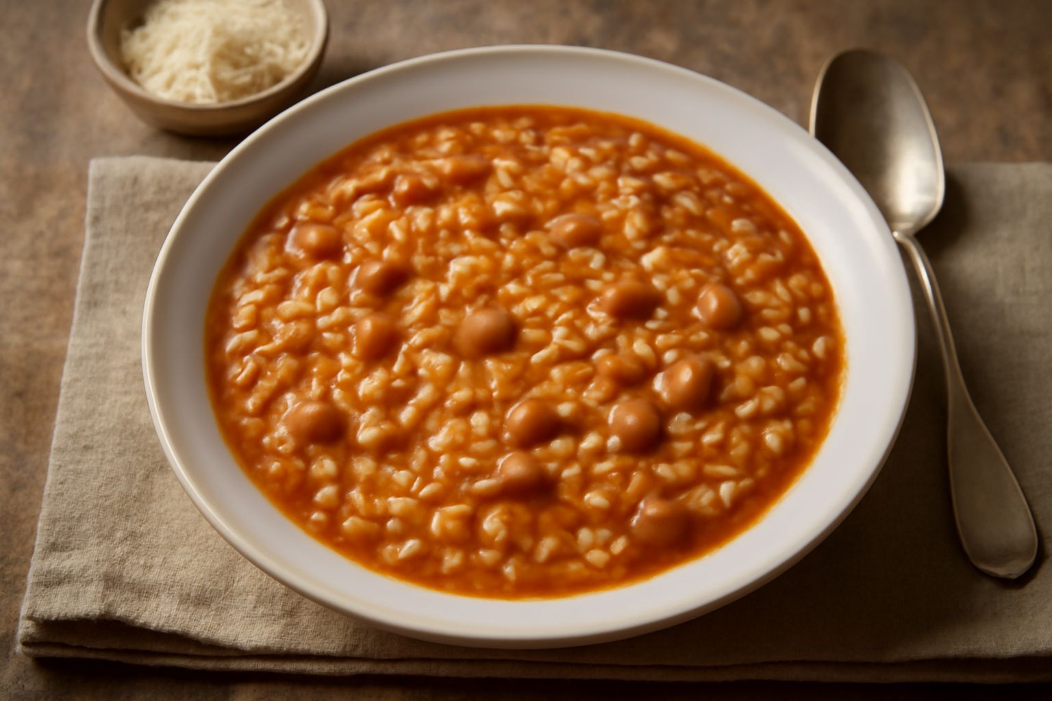 Minestra di riso e fagioli infornata servita in ciotola profonda di ceramica bianca, con chicchi di riso e fagioli rossi ben visibili nel brodo denso e cremoso, coperta di parmigiano grattugiato e pre
