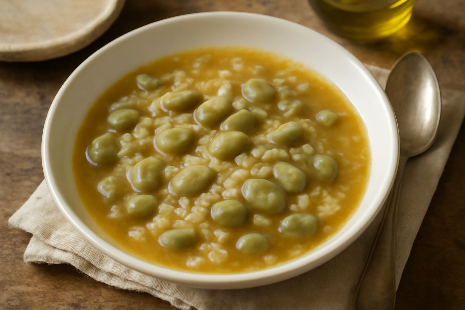 Una ciotola bianca con minestra di riso e fave, riso bianco e fave verdi chiare immerse in brodo trasparente dorato, condita con filo di olio extravergine e pepe nero appena macinato