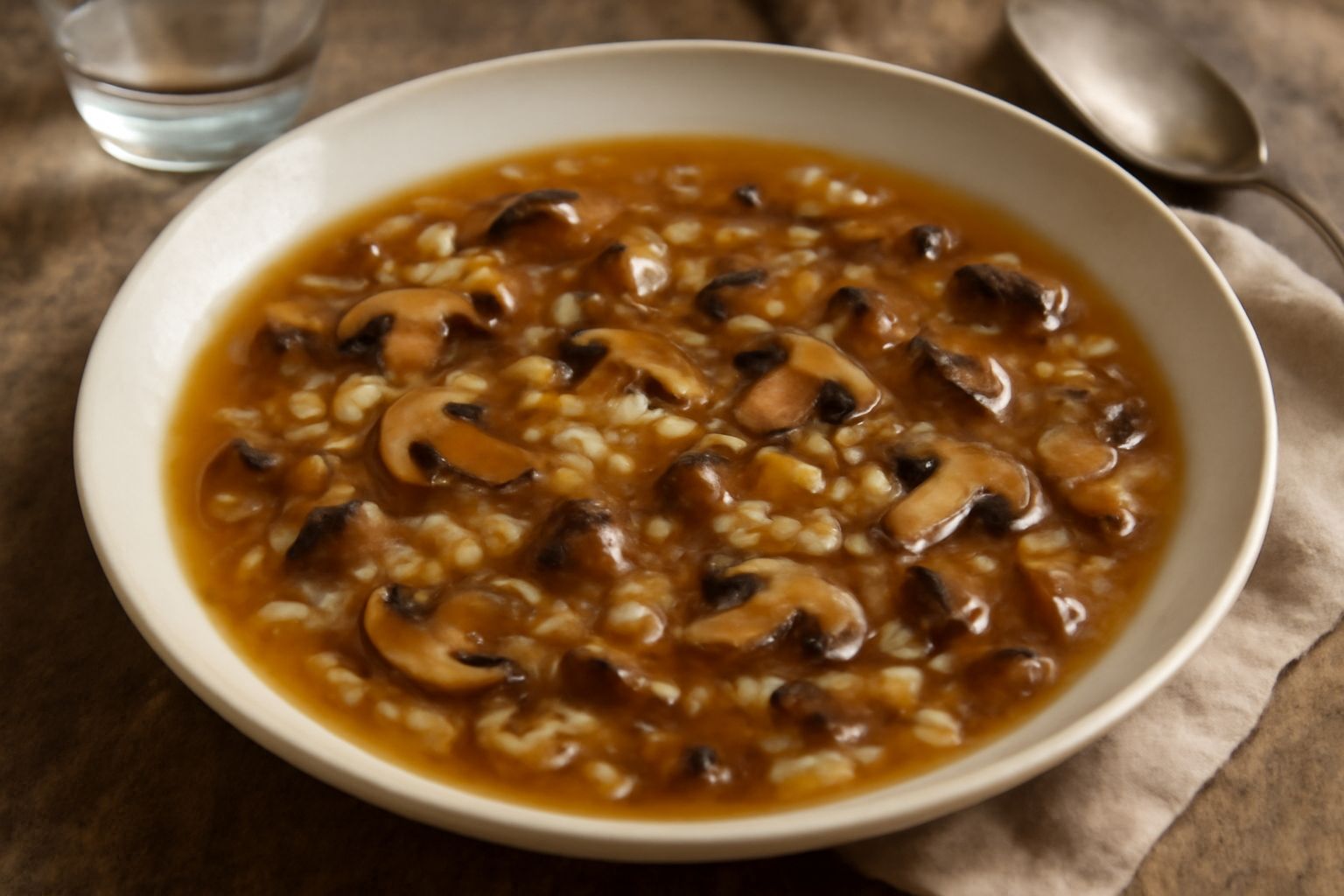 Minestra di riso e funghi in ciotola bianca fonda, riso parzialmente visibile in brodo trasparente ambrato, funghi scuri tagliati a fettine, con filetto di prezzemolo fresco verde sulla superficie
