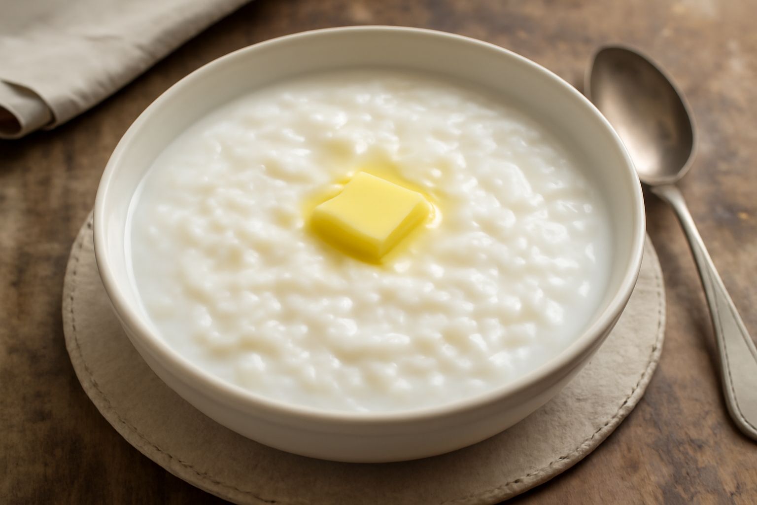 Ciotola di minestra di riso e latte ancora fumante, riso bianco ben visibile in brodo cremoso e lattiginoso, con una noce di burro che si scioglie in superficie, servita in piatto fondo bianco