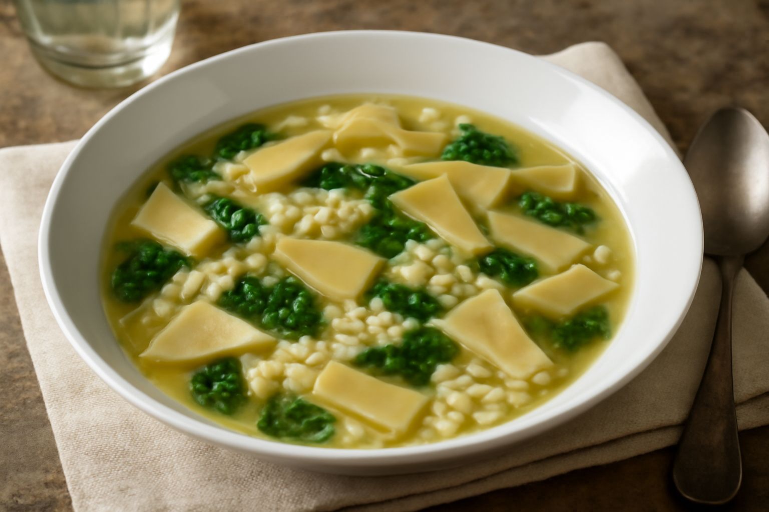 Minestra di riso e maltagliati in piatto fondo bianco, con chicchi di riso visibili, pasta spezzata, verdure di colore, brodo trasparente, cucchiaio di legno appoggiato sul bordo, tavolo in legno chia