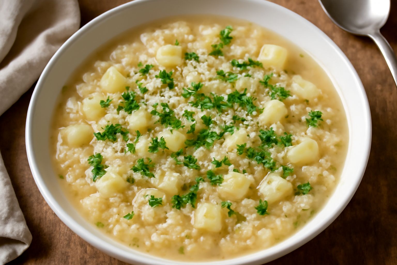 Minestra di riso e patate in una ciotola di ceramica bianca, con chicchi di riso visibili, pezzetti di patata morbidi, brodo trasparente e leggermente cremoso, spolverata di prezzemolo fresco verde e 