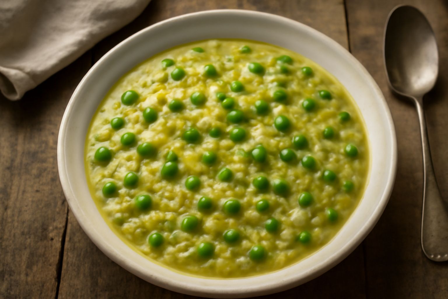 Minestra di riso e piselli servita in ciotola bianca, riso gonfio e trasparente con piselli verdi sparsi, brodo trasparente che ricopre gli ingredienti, un filo d'olio a crudo in superficie