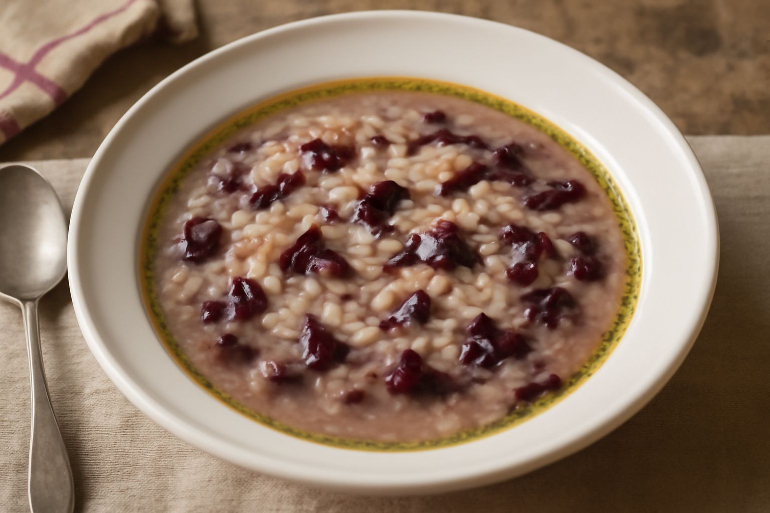 Una ciotola di minestra cremosa con chicchi di riso bianco, pezzi di radicchio rosso scuro, cipolla appena morbida, spruzzata di olio verde, su tavolo di legno chiaro con cucchiaio di metallo accanto