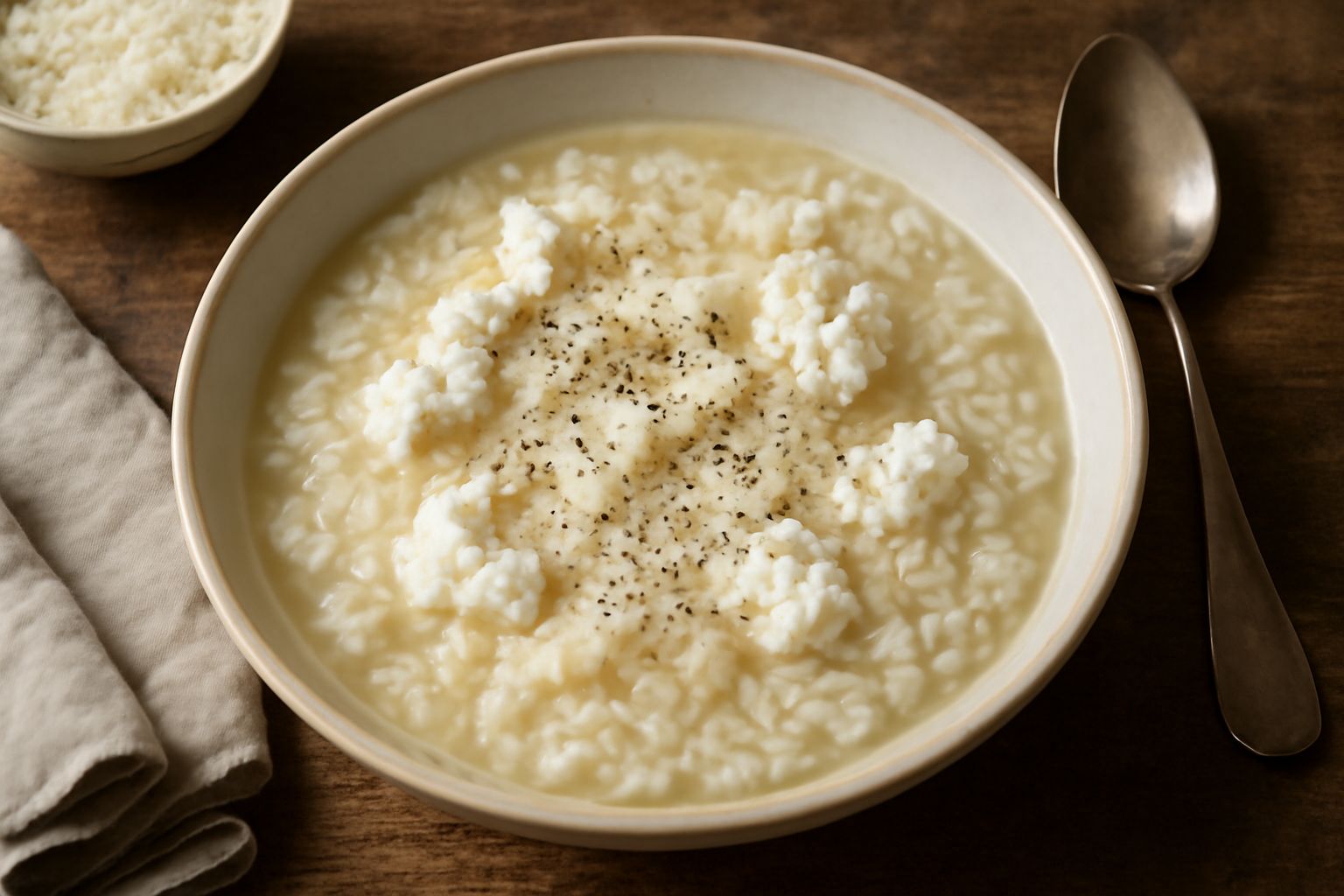 Una ciotola bianca di ceramica con minestra di riso e ricotta fumante, visibili i chicchi di riso bianchi immersi nel brodo, fiocchi di ricotta cremosa distribuiti in superficie, decorazione di parmig