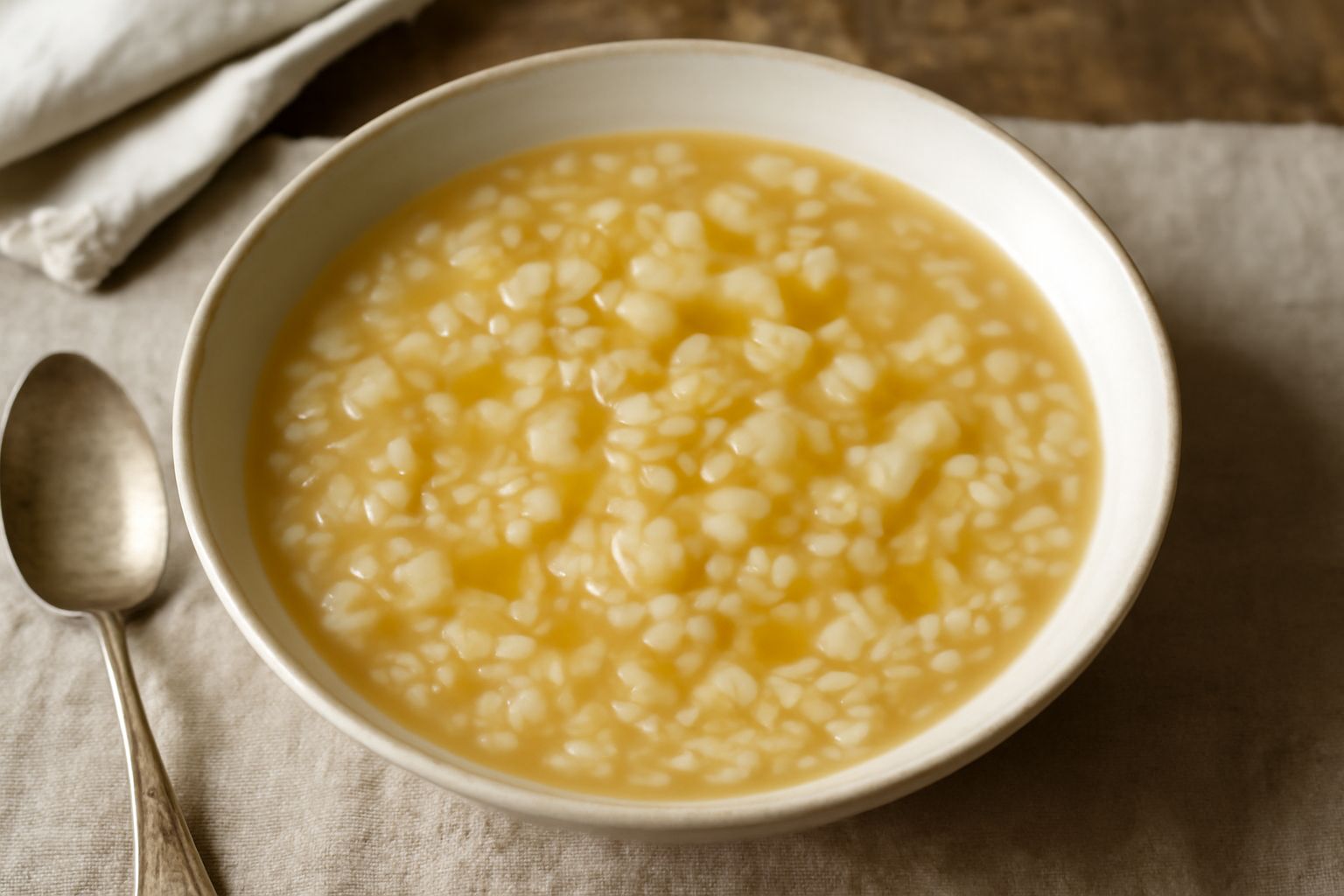 Minestra di riso e sedano rapa in ciotola bianca, brodo trasparente con granelli di riso visibili, cubetti di sedano rapa traslucido color panna, filo d'olio extravergine in superficie, cucchiaio di l
