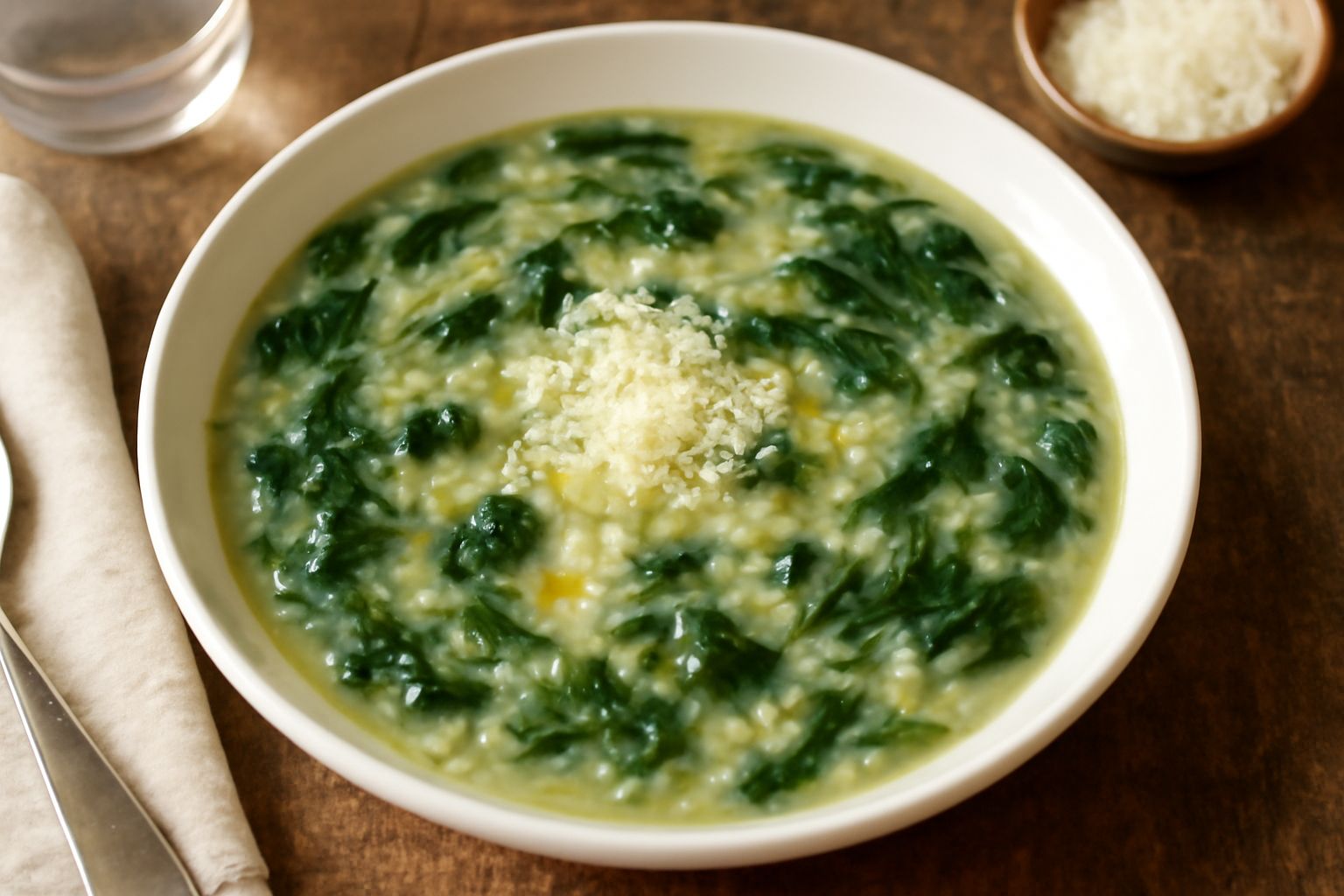 Minestra di riso e spinaci in una ciotola bianca fonda: brodo trasparente, grani di riso morbidi, foglie verdi di spinaci sparse, glassa di burro e parmigiano in superficie, servita con cucchiaio di m