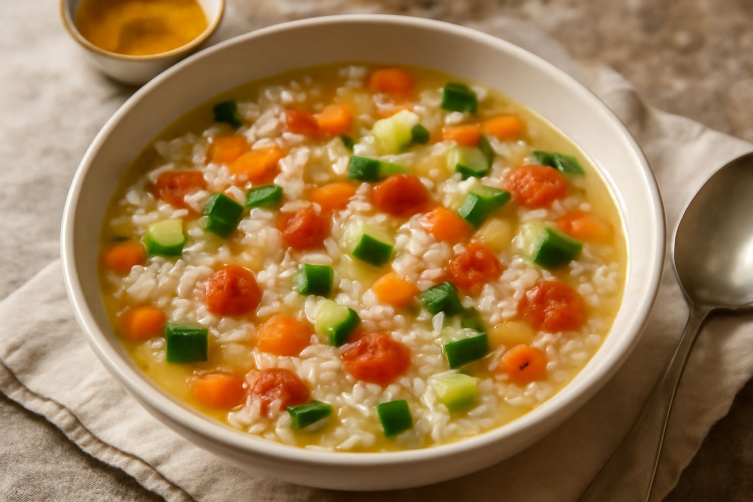 Una ciotola di ceramica bianca colma di minestra con riso bianco, pezzetti di carota arancione, zucchina verde, pomodoro rosso, in brodo trasparente, guarnita con prezzemolo fresco e filo di olio