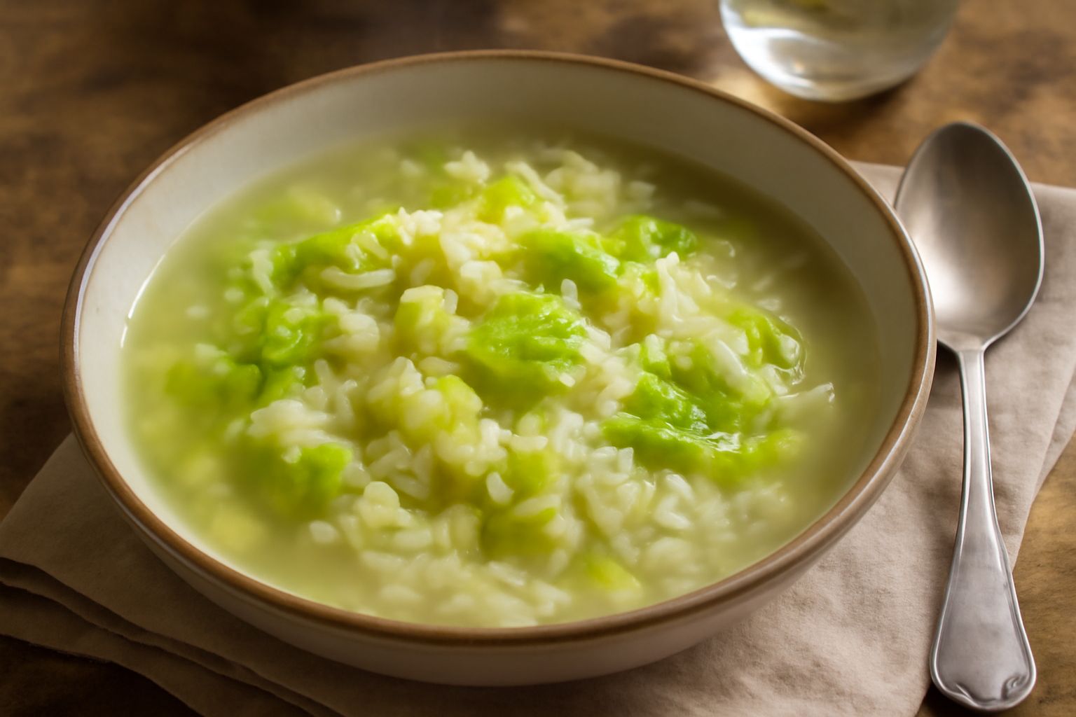 Ciotola di minestra fumante con riso bianco visibile in brodo trasparente, pezzetti di verza verde tenera, gocce di olio di oliva verde in superficie, pane scuro sullo sfondo, servito in ciotola di ce