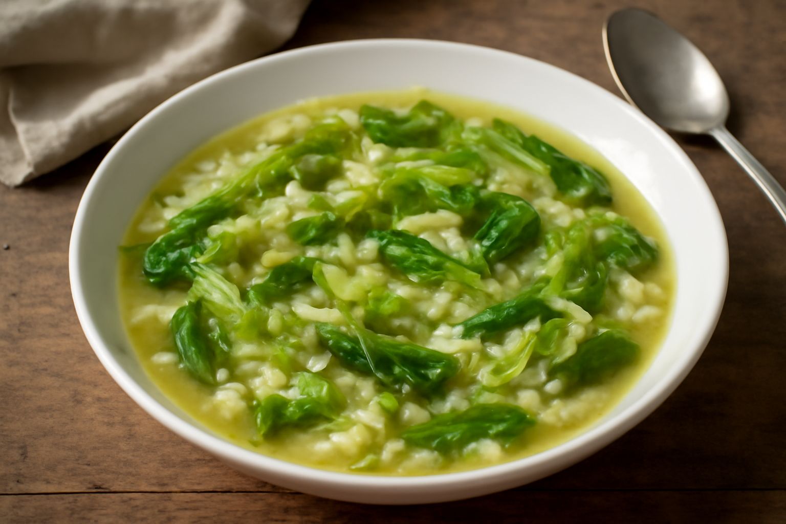Ciotola di ceramica bianca con minestra di riso e verze appena servita, brodo dorato che ricopre il riso, striscie di verza verde brillante visibili, goccia d'olio d'oliva sulla superficie, cucchiaio 