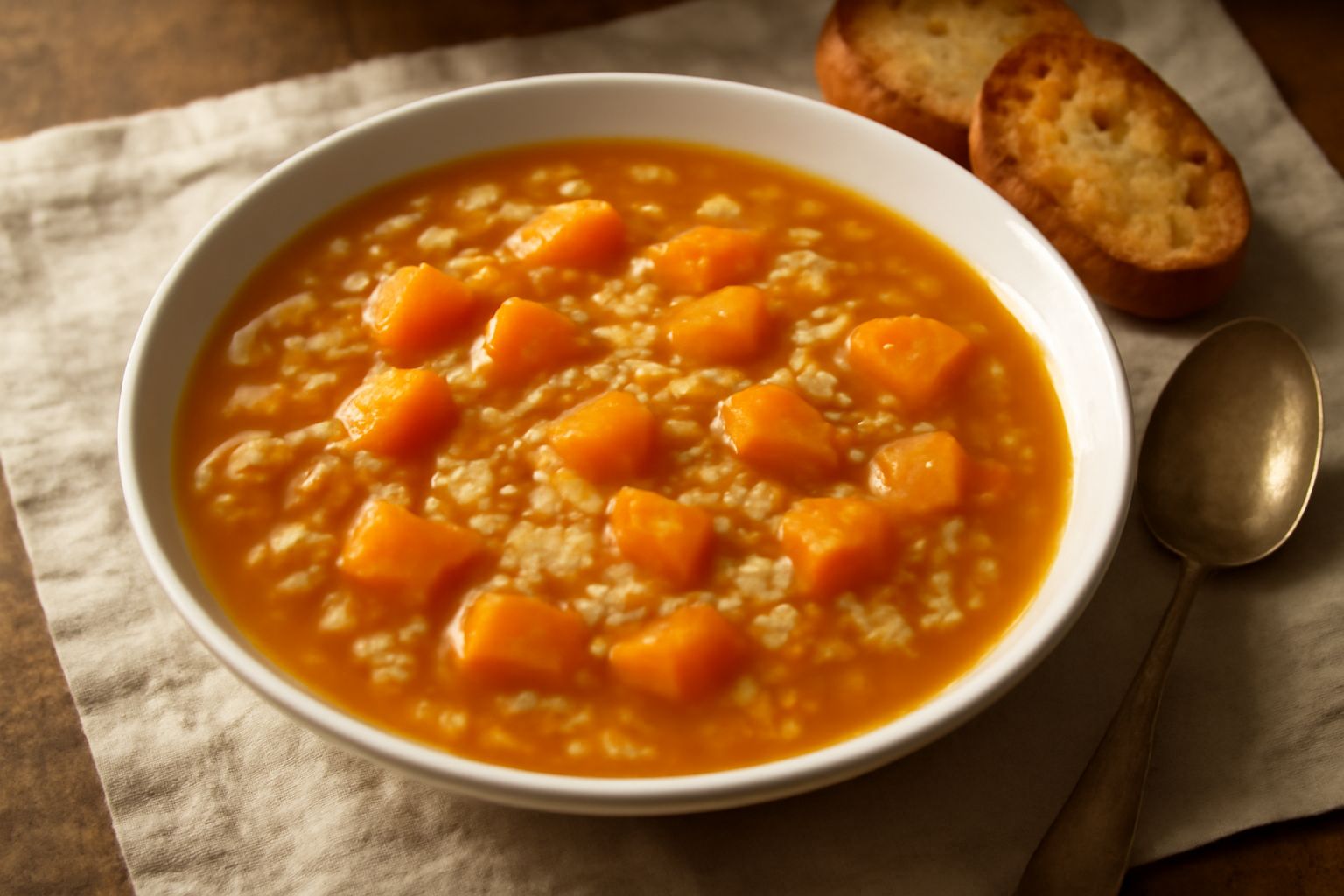 Minestra di riso e zucca in ciotola di ceramica bianca: brodo trasparente color nocciola, grani di riso bianchi visibili, pezzi di zucca arancione morbida, filo di olio d'oliva in superficie, pane tos