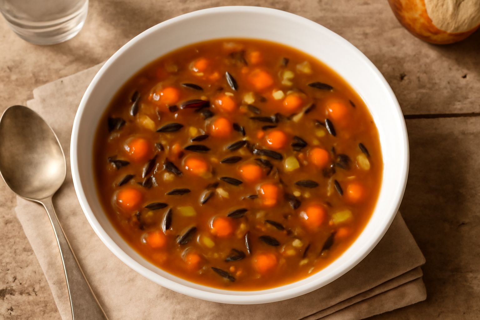 Minestra di riso selvaggio in ciotola bianca, con chicchi scuri visibili nel brodo, carote affettate, sedano e prezzemolo fresco come guarnizione, su tavolo di legno con cucchiaio