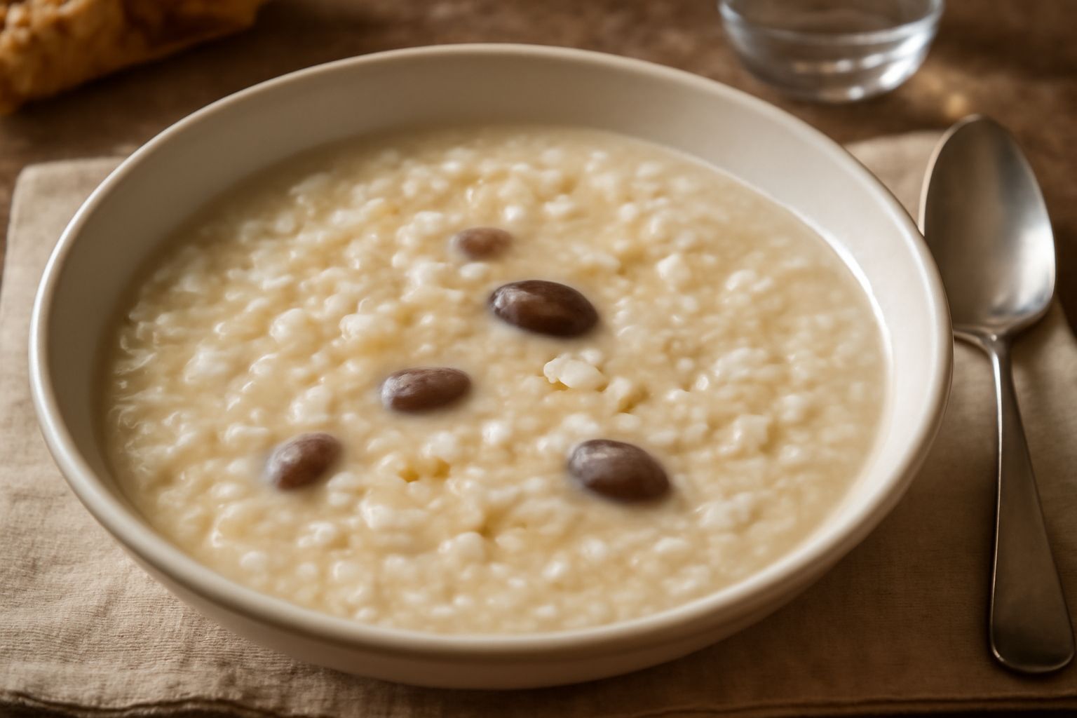 Una ciotola di minestra di risu e fagioli con riso bianco e fagioli scuri in brodo cremoso, decorata con olio di oliva e prezzemolo fresco