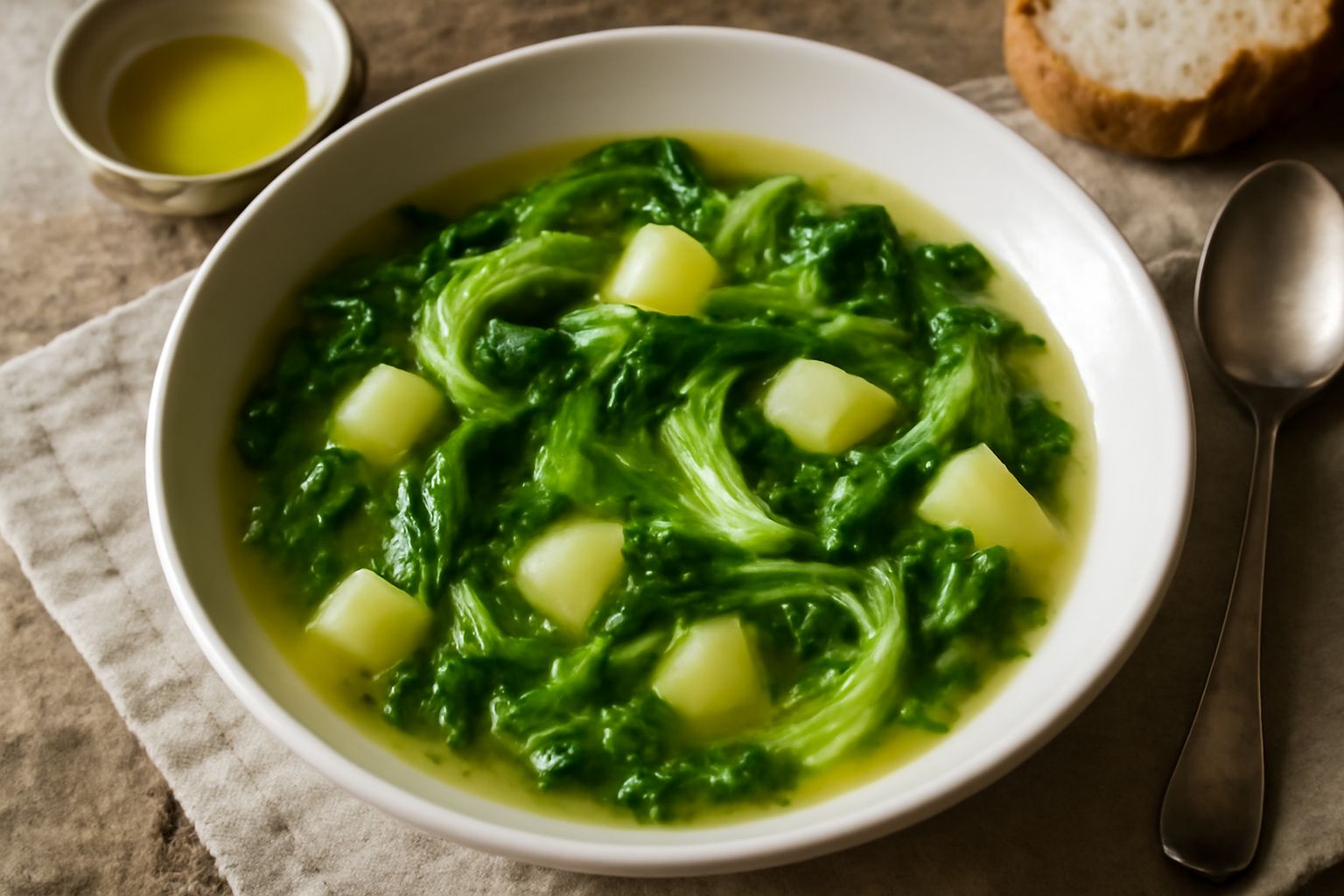 Minestra di scarola servita in ciotola bianca di ceramica, con foglie verdi di scarola visibili nel brodo trasparente, patate tagliate a dadini giallastre, filo d'olio dorato in superficie, pane tosta