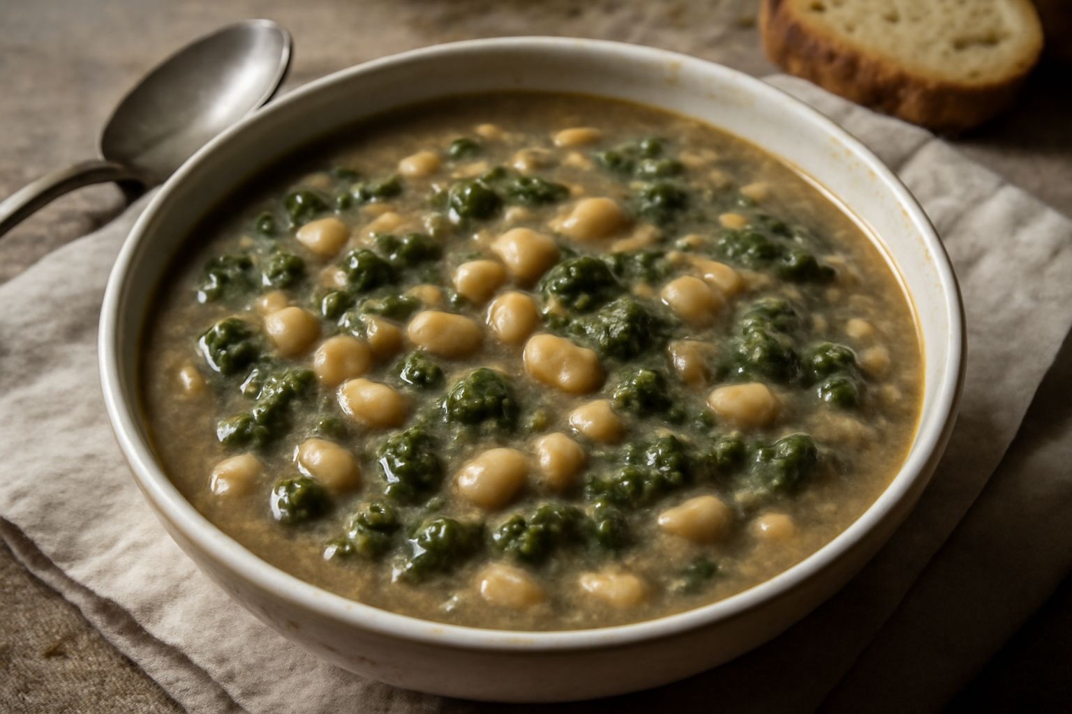 Minestra di scarola e fagioli in ciotola bianca: brodo cremoso grigio-marrone con pezzi di scarola verde e fagioli bianchi in evidenza, filo d'olio d'oliva, cucchiaio di legno accanto