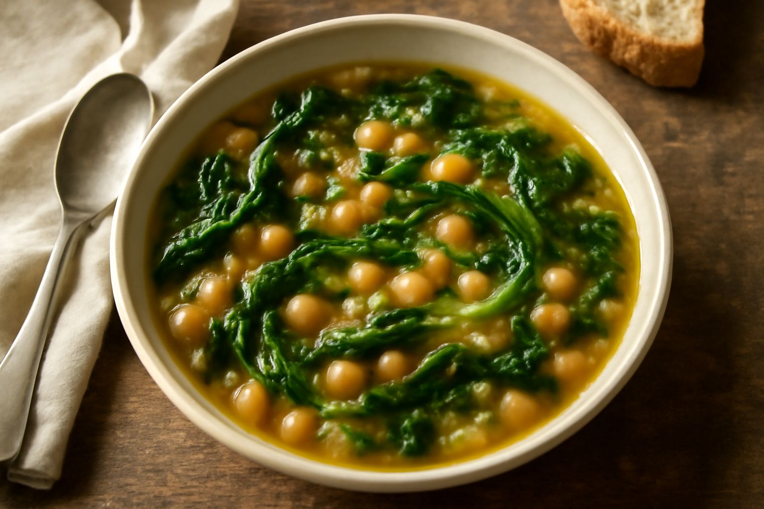Ciotola di minestra con scarola verde scuro, fagioli bianchi e rossi visibili nel brodo trasparente, fetta di pane tostato sul bordo, cucchiaio di legno dentro la minestra