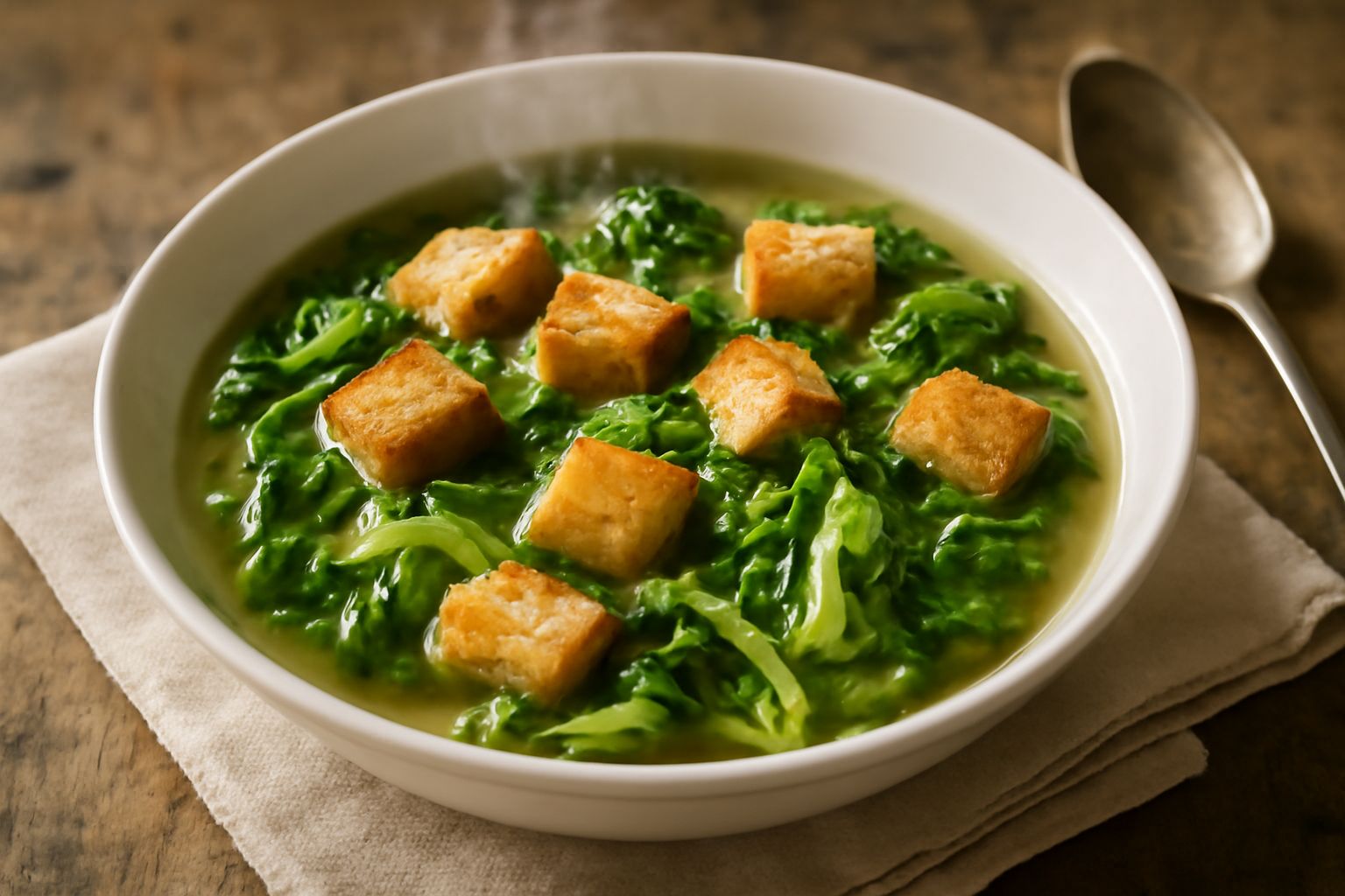 Una ciotola bianca di minestra con scarola verde tenera in brodo trasparente, cubetti di pane tostato dorati galleggianti, filo d'olio extravergine verde in superficie