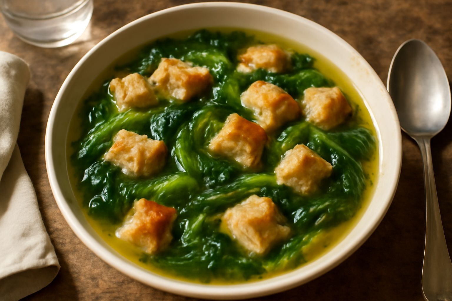Una ciotola di ceramica bianca con minestra di scarola verde e pezzi di pane tostato color nocciola immersi in brodo limpido, foglie di scarola visibili in superficie, spruzzata di olio d'oliva, su un