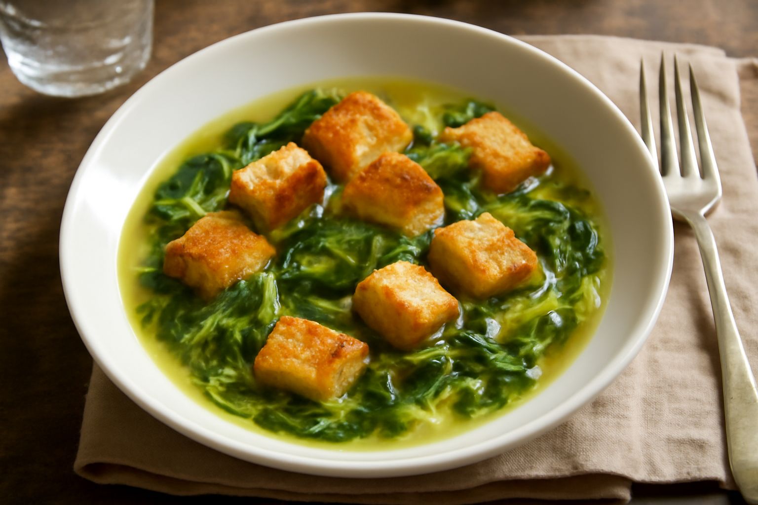 Minestra di scarola in una ciotola bianca con pane tostato dorato galleggiante sul brodo trasparente, scarola verde fresca, filo di olio di oliva in superficie, servita su tavolo di legno chiaro