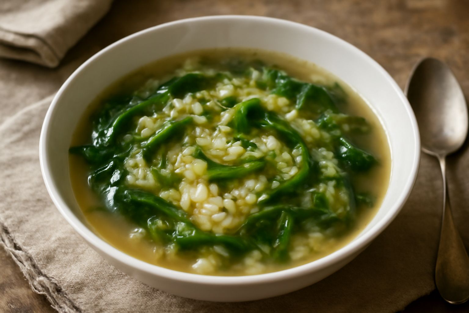 Una ciotola di ceramica bianca ricolma di minestra: riso bianco cremoso immerso in brodo trasparente, scarola verde scuro in striscioline, filo di olio extravergine dorato in superficie, pane tostato 