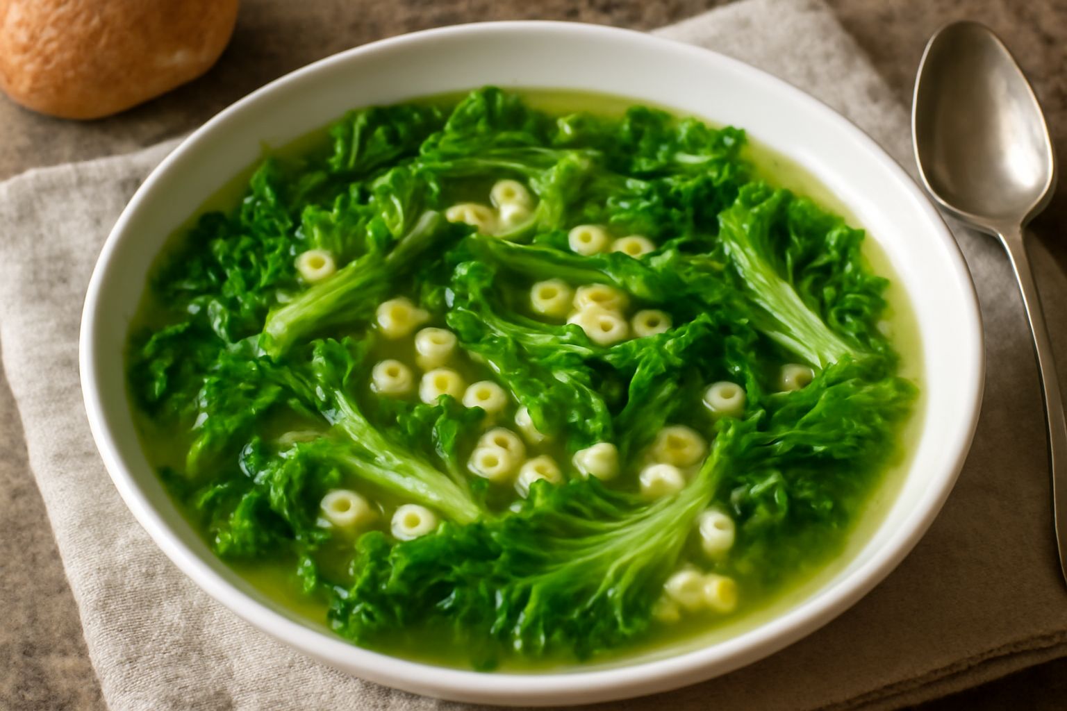 Minestra di scarole in ciotola bianca, con verdure verdi immerse in brodo trasparente, pasta piccola, gambo di scarola visibile, cucchiaio di legno appoggiato sul bordo, tovagliolino bianco sfondo neu