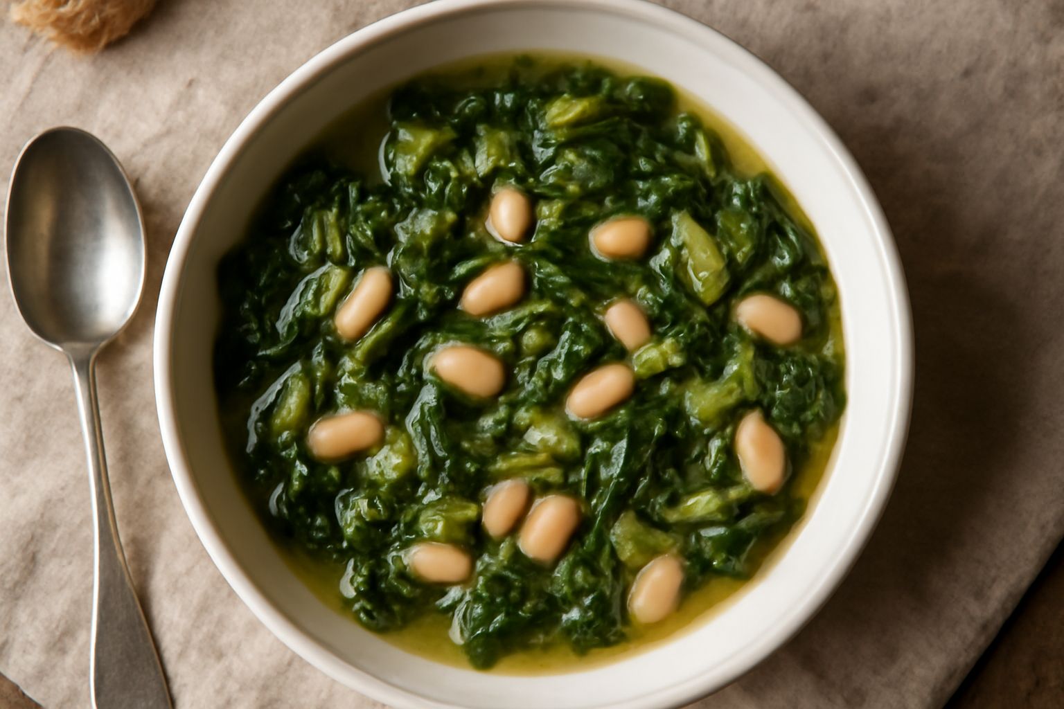 Una ciotola di ceramica bianca ricolma di minestra: scarole verde scuro leggermente appassite, fagioli bianchi cremosi sparsi nel brodo trasparente e leggermente dorato, filo di olio d'oliva in superf