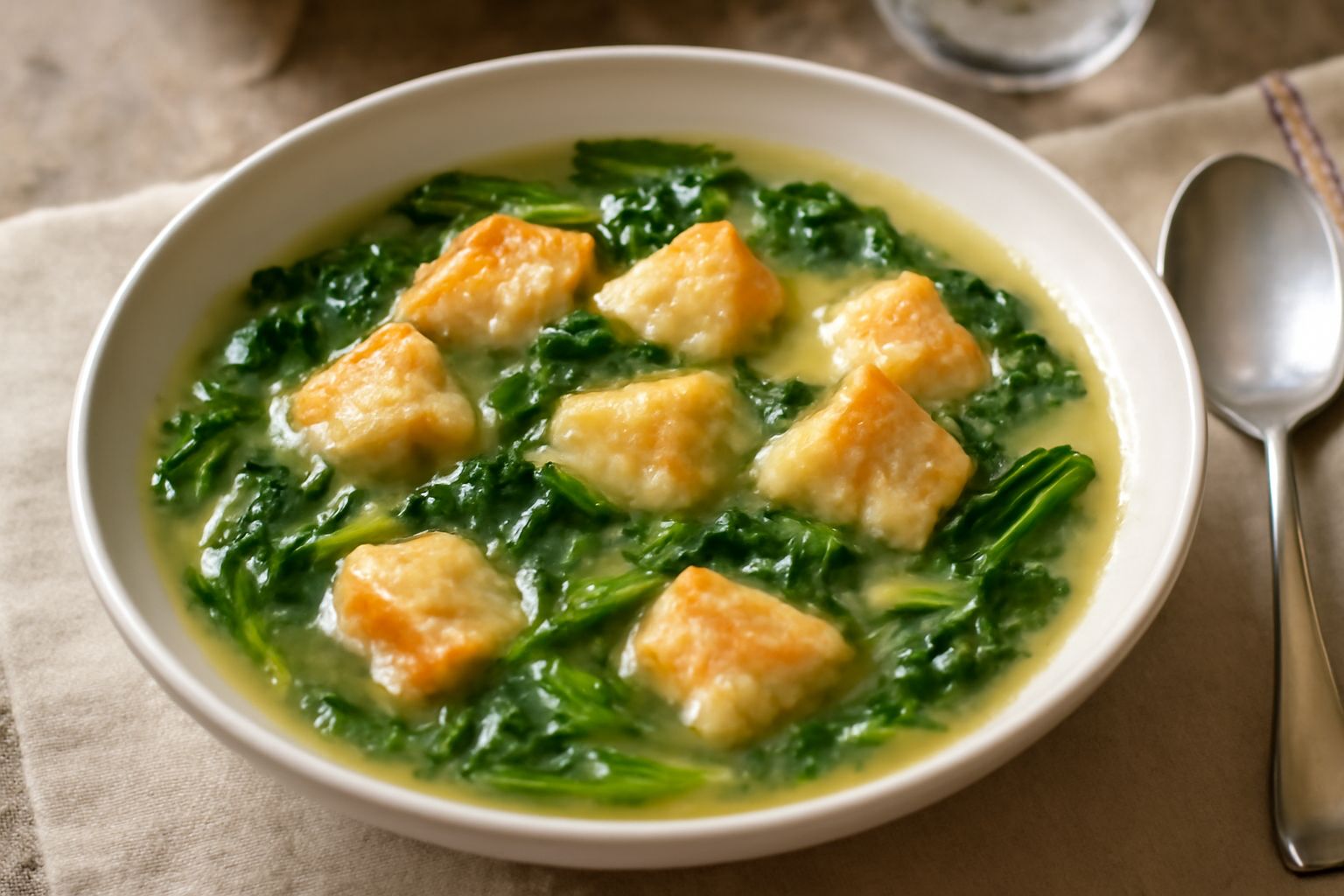 Una ciotola di ceramica bianca con minestra di scarole e pane: brodo trasparente, pezzetti di pane morbido color oro, foglie di scarola verde brillante, filo di olio verde oliva in superficie