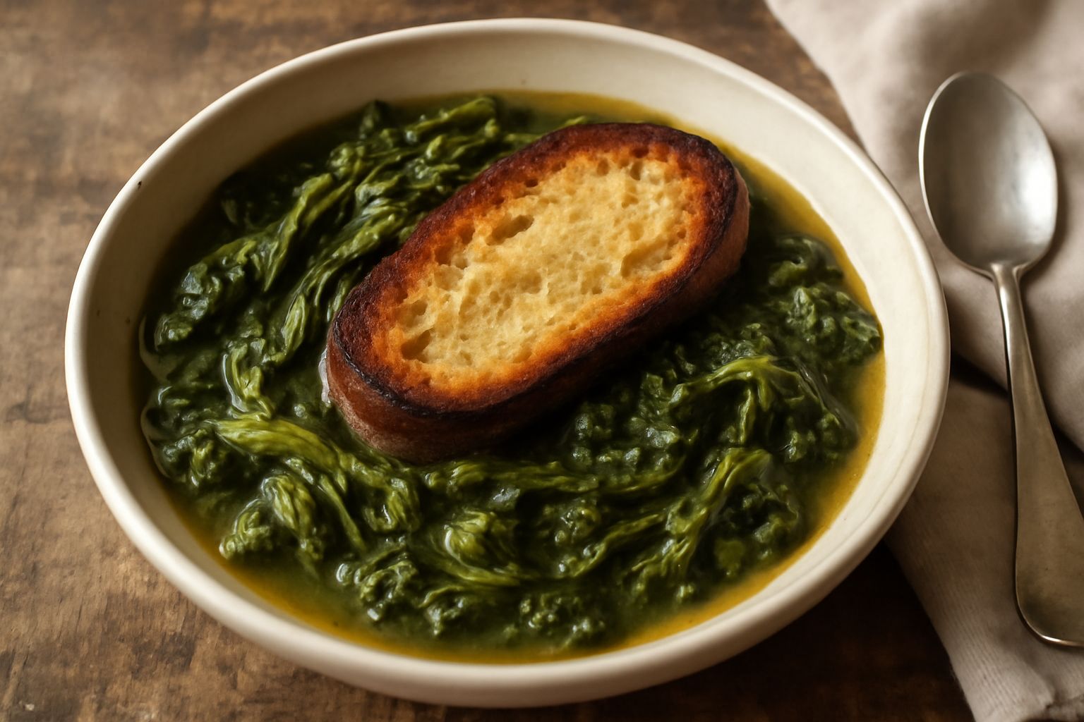 Una ciotola di minestra con scarola verde ripassata, brodo trasparente color nocciola, fette di pane tostato galleggianti, gocce di olio verde, servita in piatto di ceramica bianca su tavolo scuro