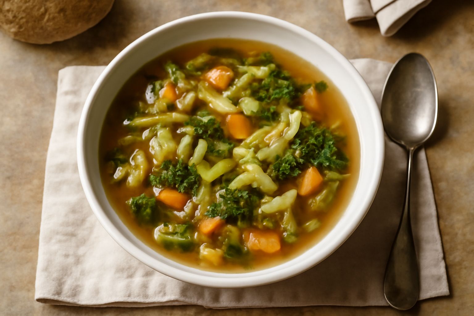 Minestra di scarti d'ortaggio servita in una ciotola bianca con brodo trasparente color ambra, pieni di pezzetti di verdura morbida, gambi di broccoli visibili, foglie verdi, fettine di carota arancio