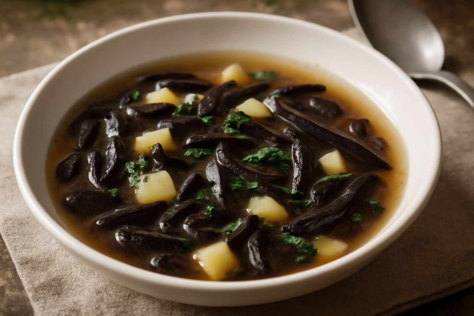Minestra di scorzonera in ciotola bianca: brodo trasparente color ambra, fettine di radice scura, cubetti di patata beige, prezzemolo verde su superficie, pane tostato a lato