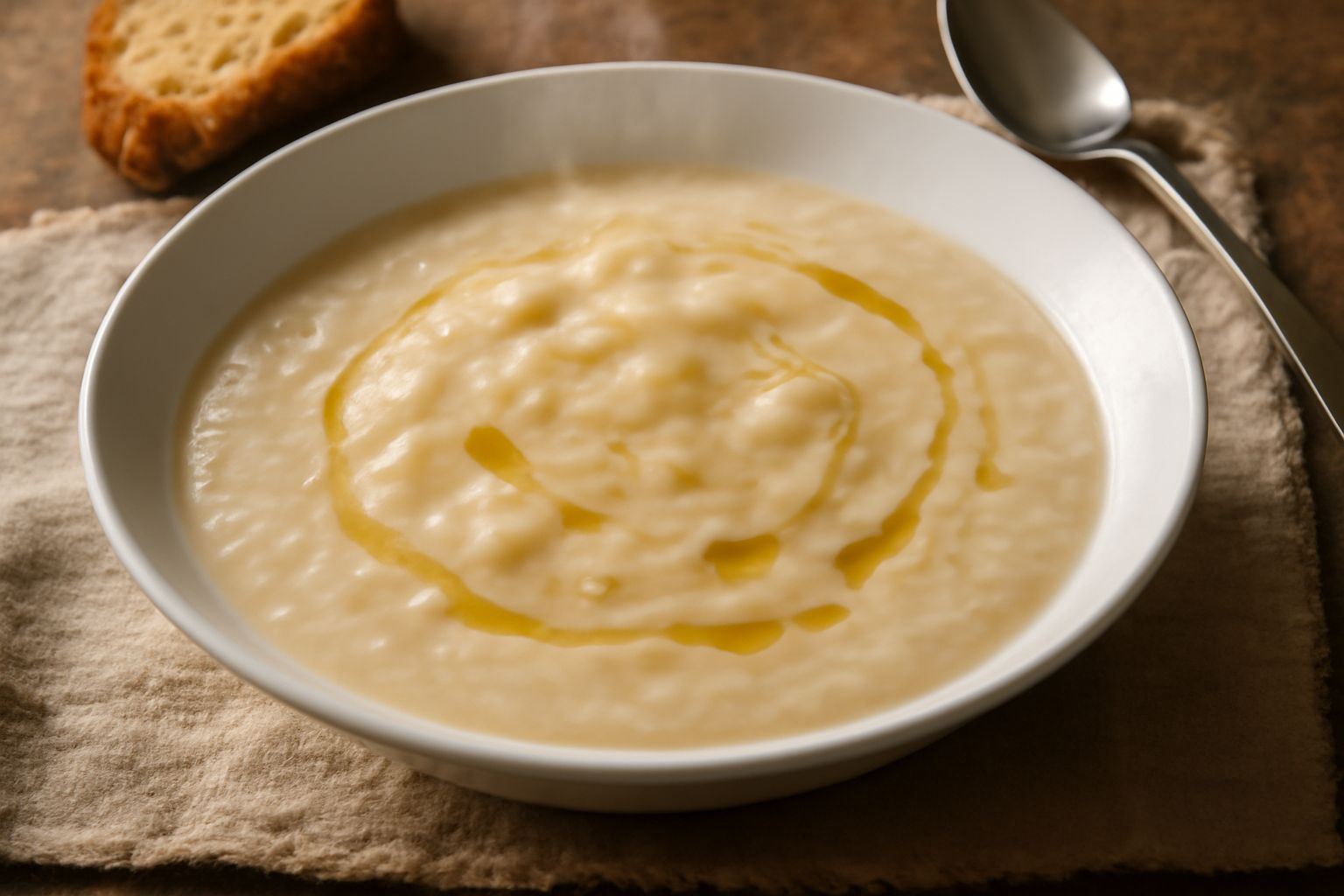 Minestra di sedano rapa in ciotola bianca, cremosa con pezzi di radice visibili, olio d'oliva in superficie, pane tostato accanto