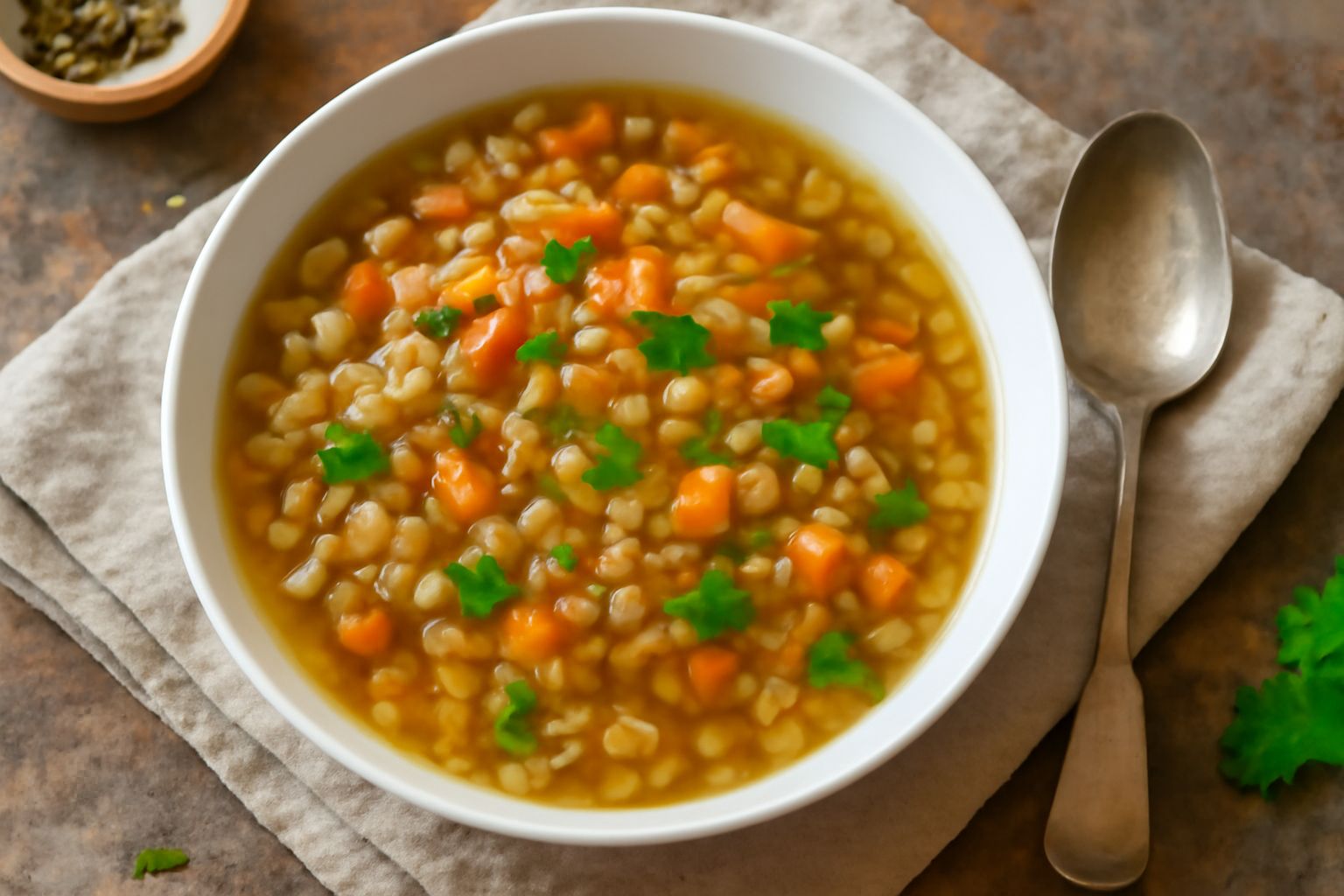 Ciotola di ceramica bianca piena di minestra di segale: chicchi color nocciola visibili in brodo trasparente, con pezzi di carota arancione, sedano bianco e prezzemolo verde fresco in superficie