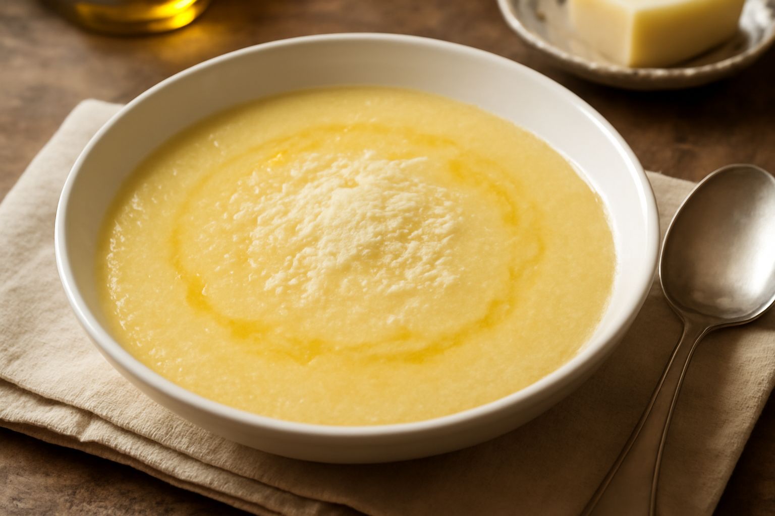 Ciotola di minestra di semola cremosa di colore giallo pallido, con un filo d'olio d'oliva in superficie, parmigiano grattugiato e prezzemolo fresco, servita in una tazza di ceramica bianca.