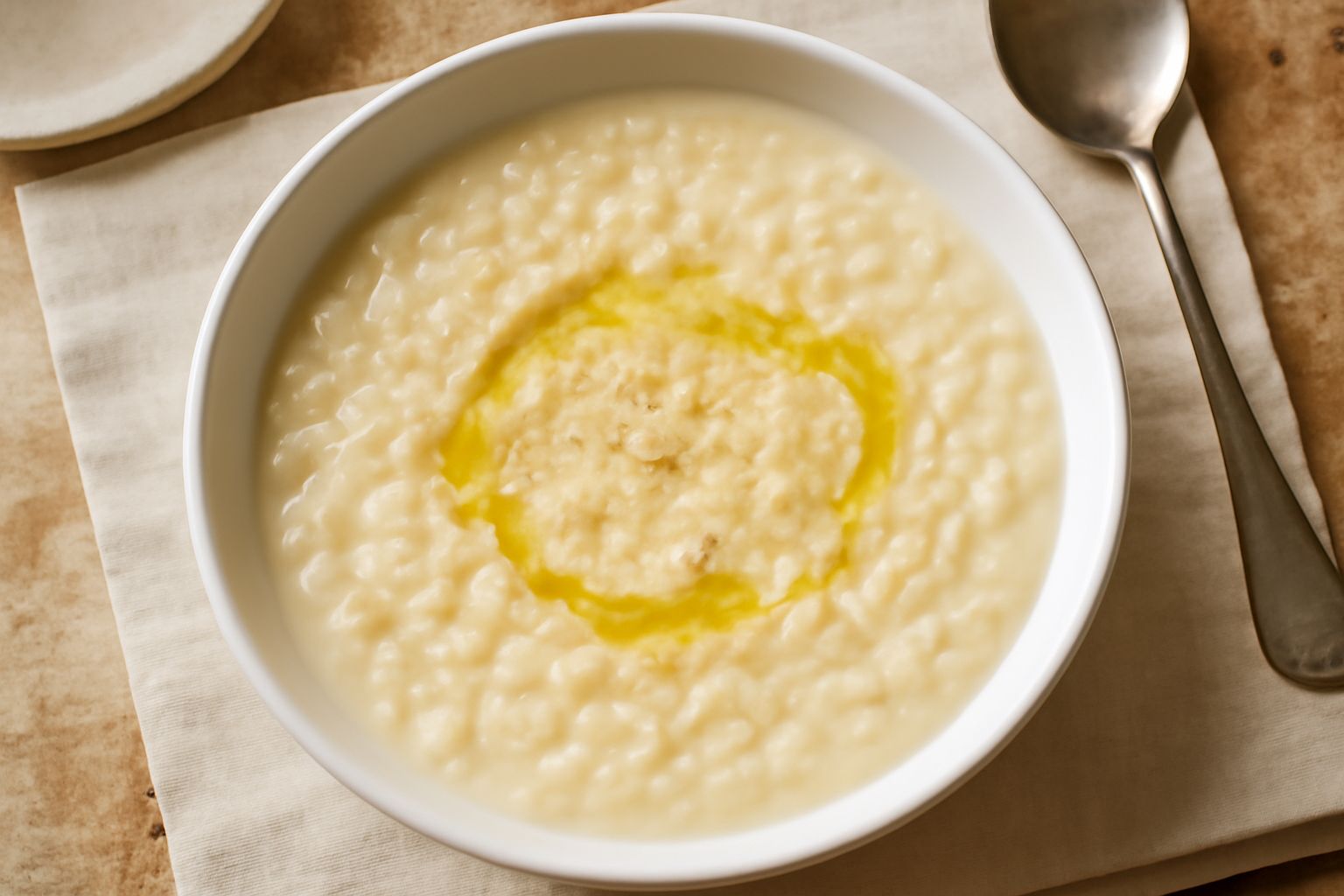 Minestra di semola d'orzo in ciotola bianca profonda, brodo trasparente e leggermente ambrato, chicchi di semola gonfi e distribuiti uniformemente, un filo d'olio d'oliva verde in superficie, pane tos