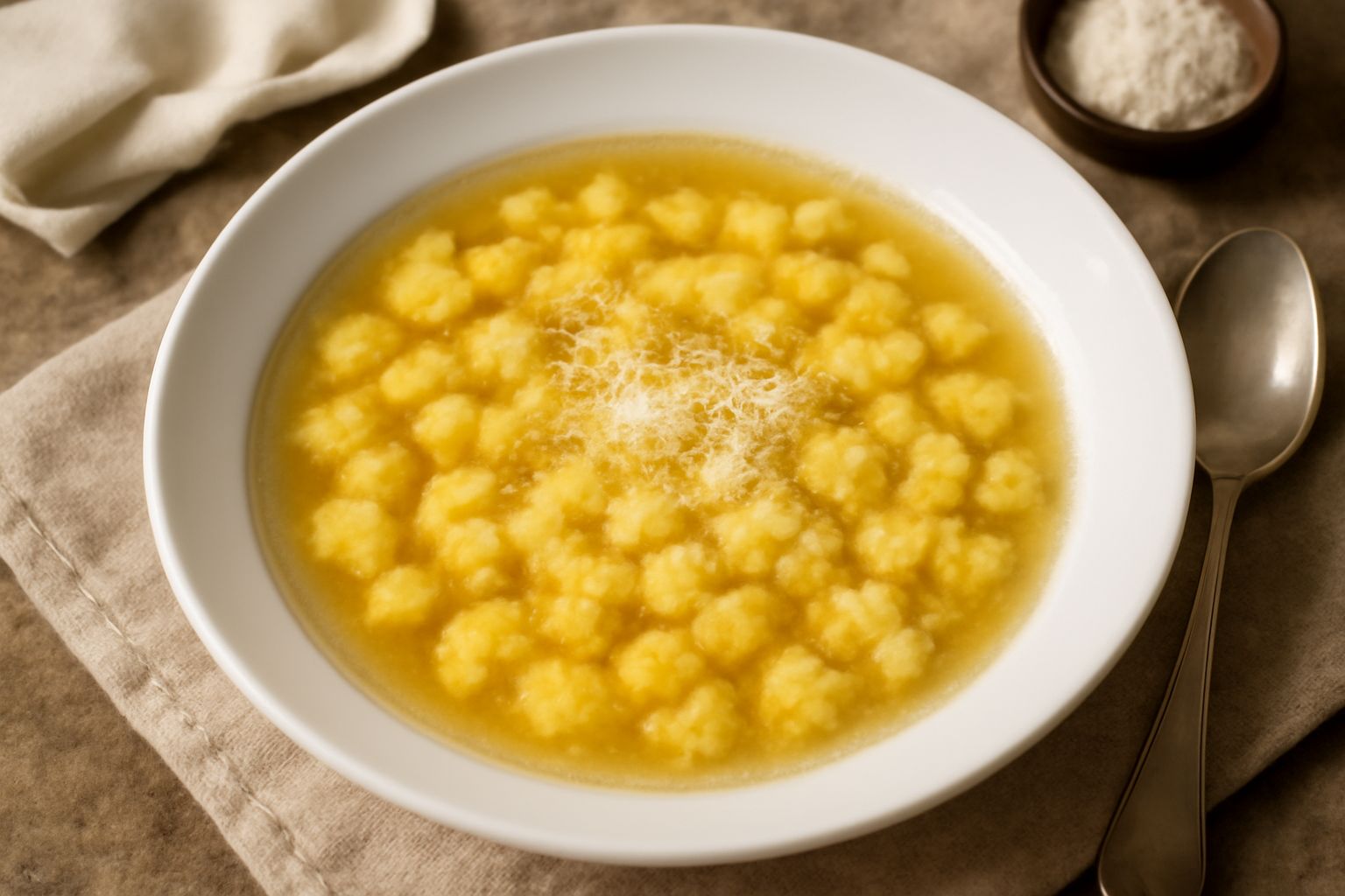 Ciotola di ceramica bianca con minestra di semola in brodo cremoso, piccoli grumi di semola dorata sospesi nel brodo trasparente, filo di burro dorato in superficie, grattugia di parmigiano reggiano a