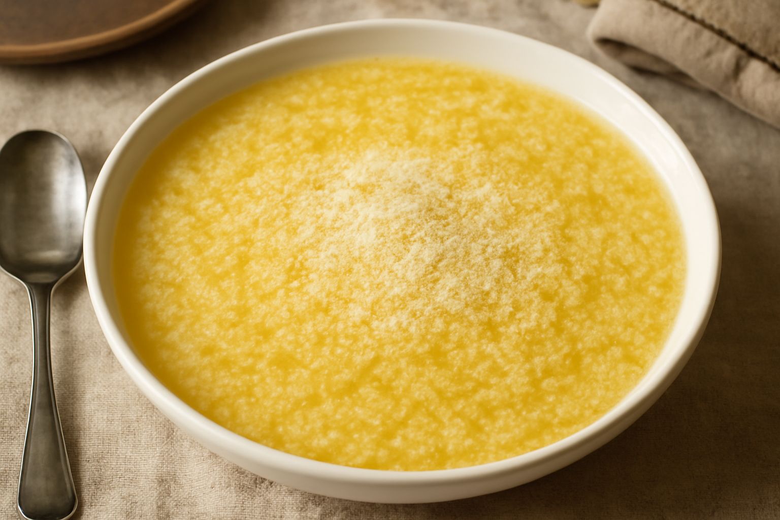 Minestra di semolino servita in una ciotola bianca: brodo trasparente con granuli gialli di semolino, spolverata di parmigiano grattugiato e prezzemolo fresco, cucchiaio di legno appoggiato sul bordo