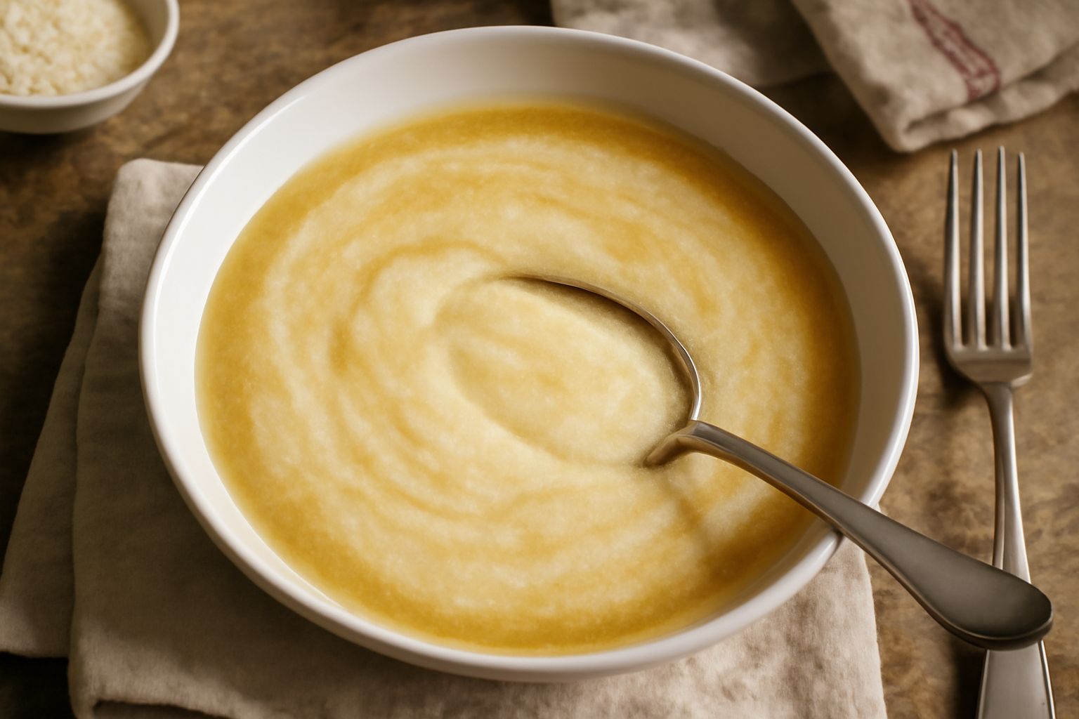 Una ciotola bianca di minestra di semolino in brodo con superficie cremosa, brodo trasparente color oro, goccioline di burro in superficie e parmigiano grattugiato fresco