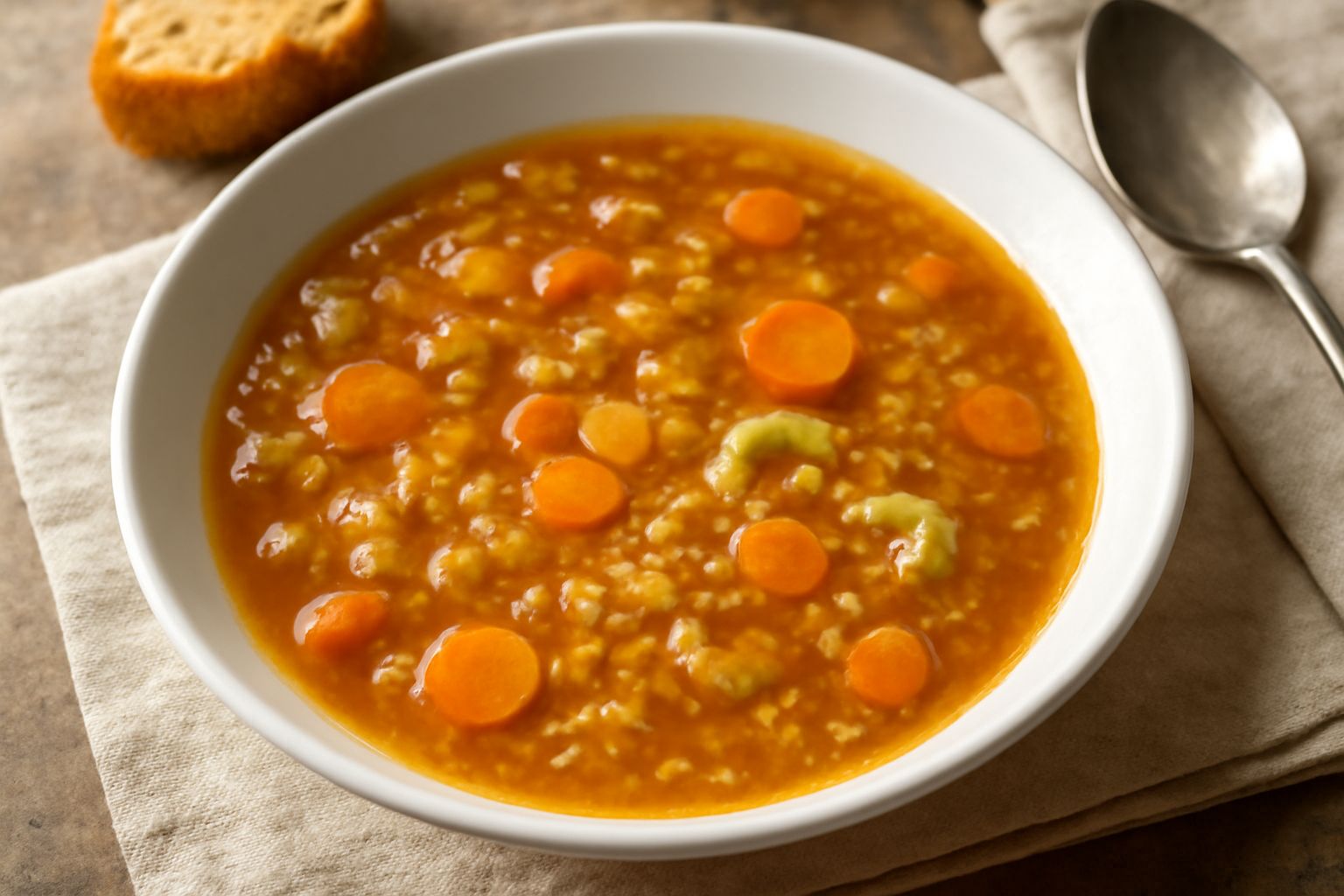 Una ciotola di minestra di soffritto con brodo ambrato, pezzetti di cipolla caramellata, sedano e carota morbidi, gocce di olio verde in superficie, pane tostato sul bordo, su tavolo di legno scuro
