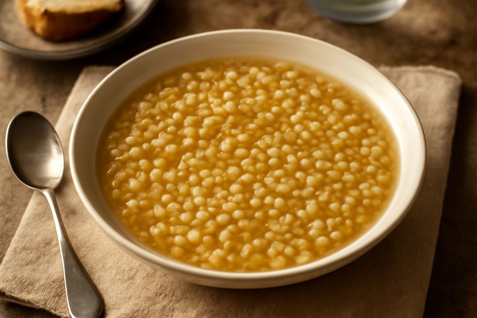 Minestra di sorgo in una ciotola di ceramica bianca, con chicchi gialli e beige visibili nel brodo trasparente, guarnita da prezzemolo fresco tritato, con un cucchiaio di legno appoggiato sul bordo