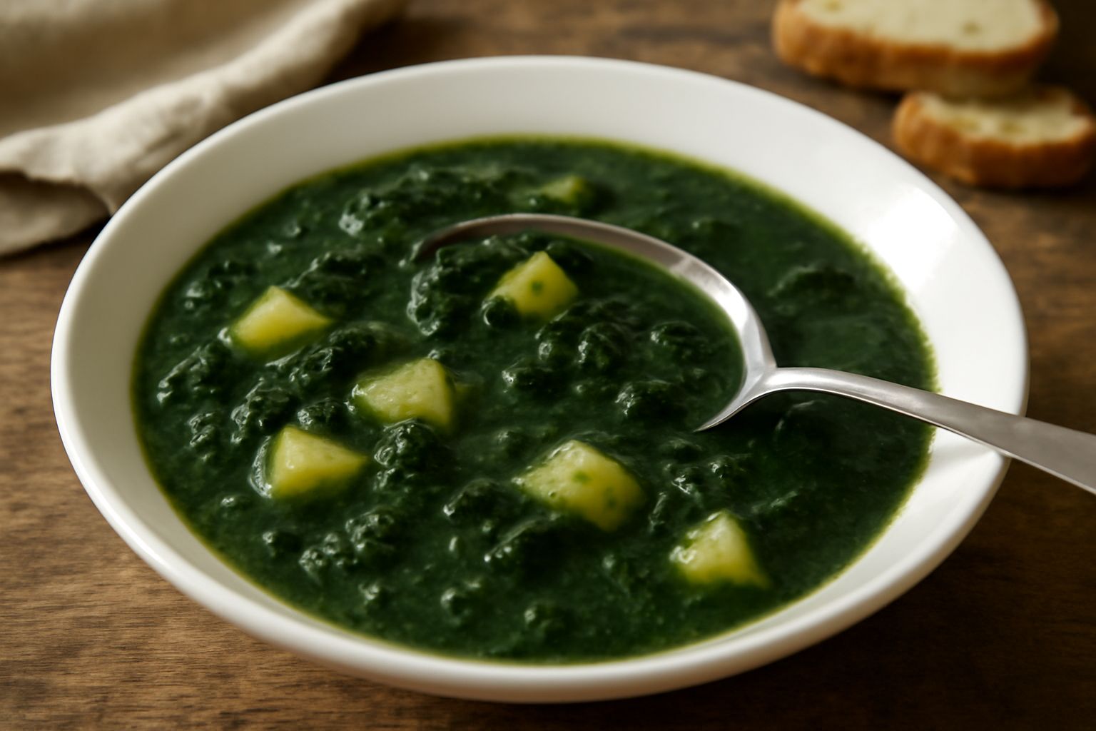 Ciotola bianca colma di minestra di spinaci verde scuro, con brodo trasparente, patate sdraiate sul fondo, filetto di olio d'oliva in superficie e fetta di pane tostato appoggiata sul bordo