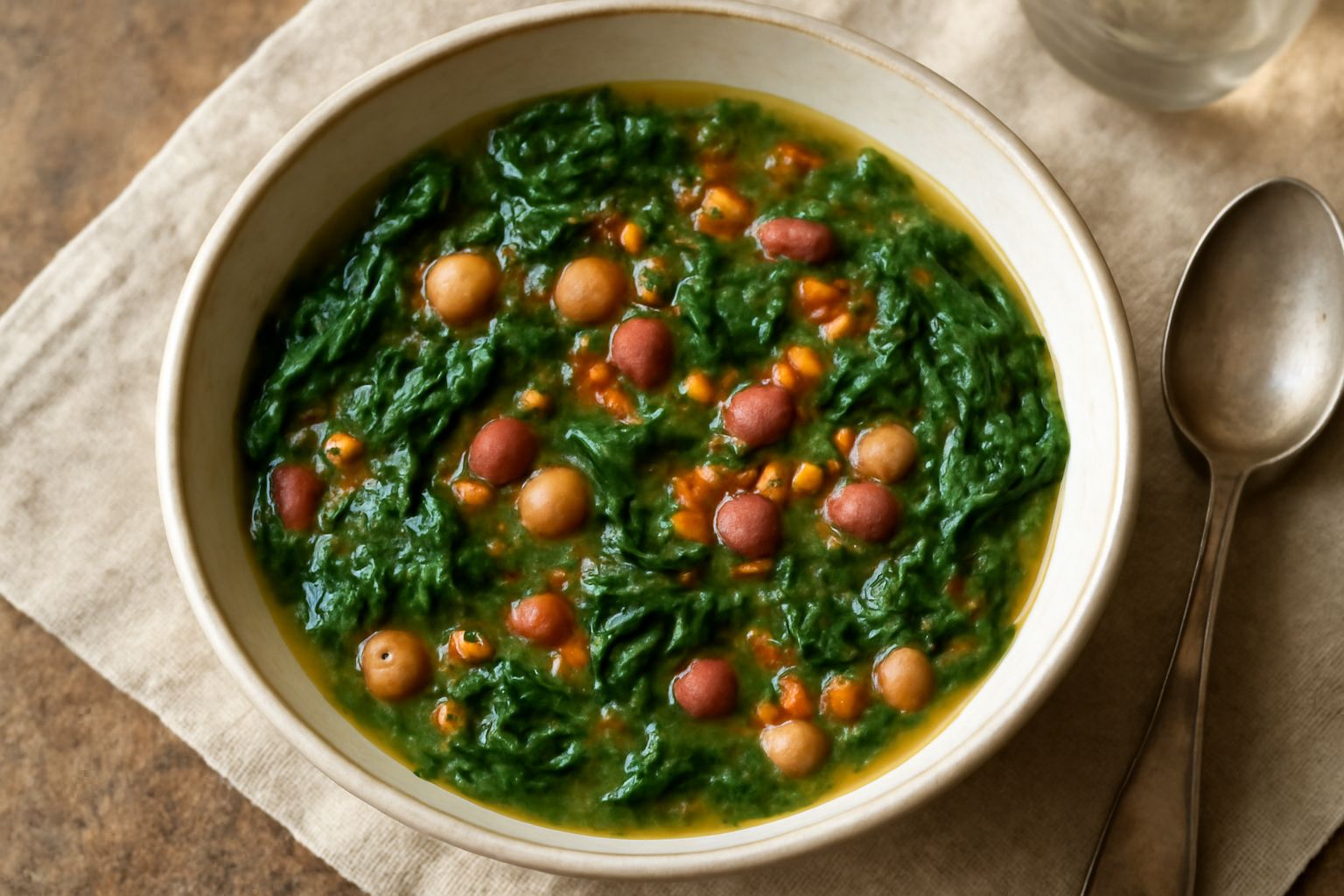 Minestra di spinaci e legumi in ciotola bianca su tavolo di legno, con spinaci verdi visibili tra lenticchie rosse e ceci, brodoso ma denso, con filo di olio extravergine in superficie e pane tostato 