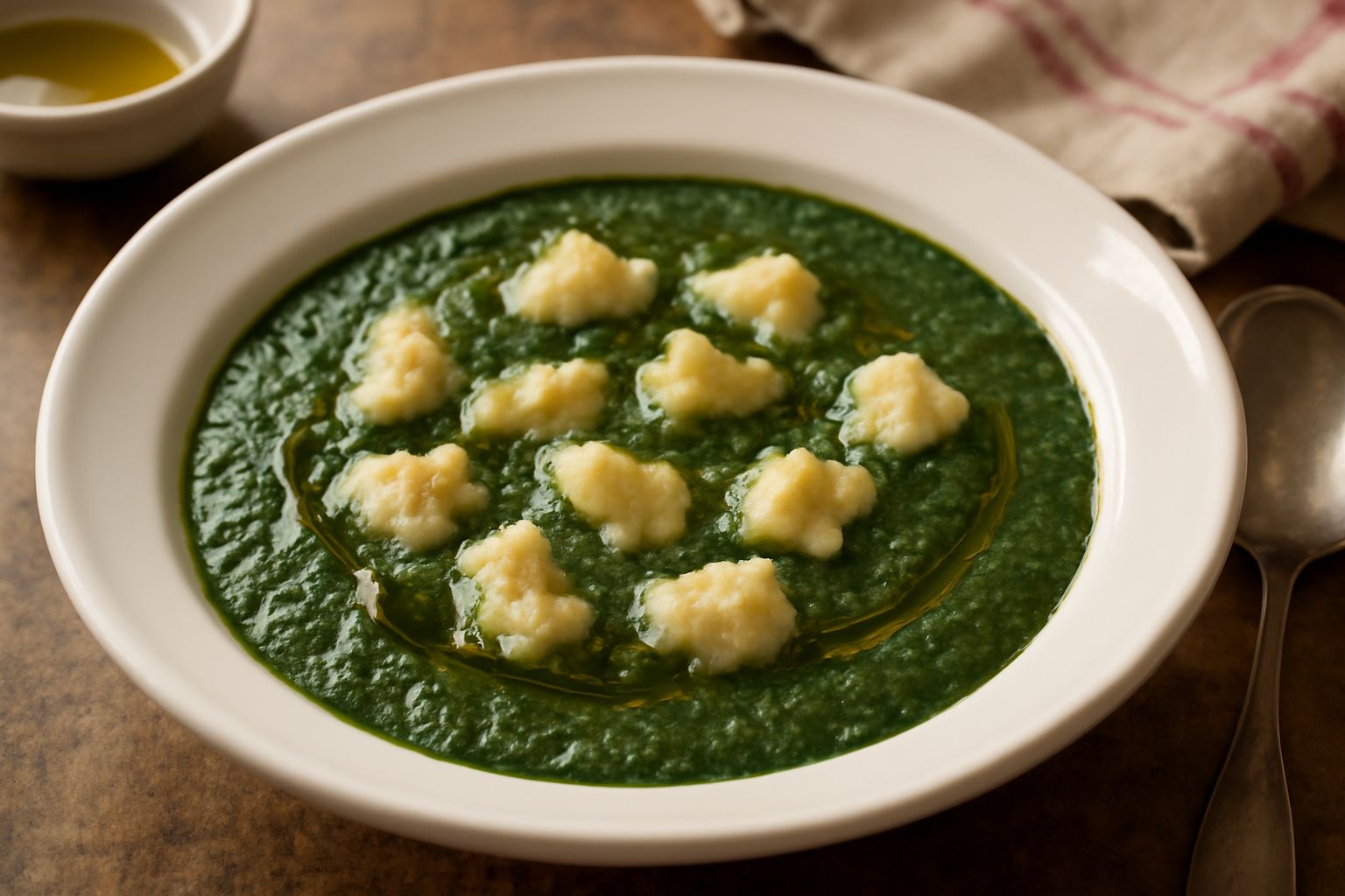 Una ciotola di ceramica con minestra di spinaci verde scuro, pezzi di pane ammorbidito color crema, gocce di olio di oliva in superficie, servita su tavolo di legno con cucchiaio di metallo