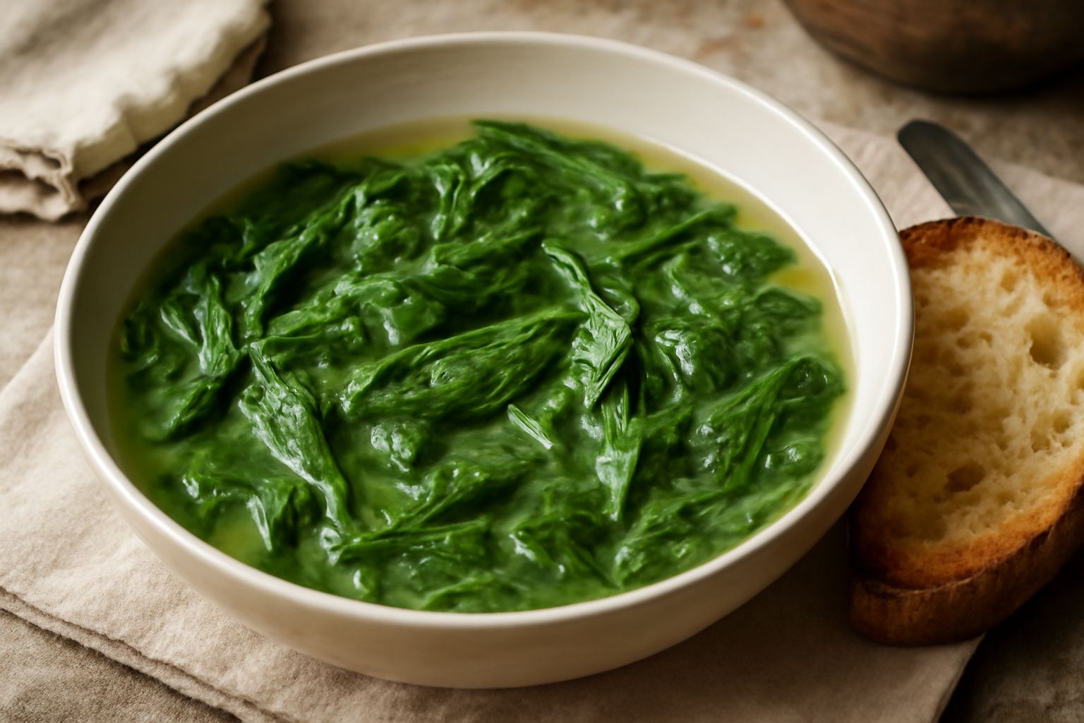 Una scodella di ceramica bianca con minestra di spinaci selvatici: brodo trasparente, foglie verdi tenere galleggianti, fette di pane tostato a lato, vapore ancora visibile