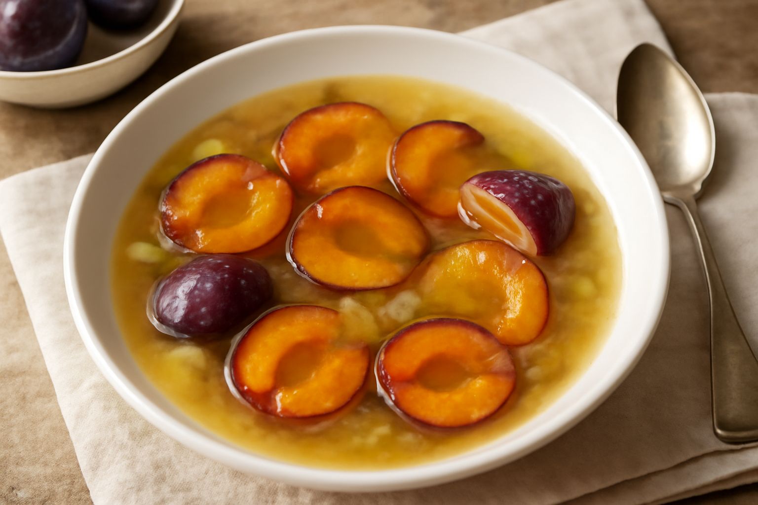 Ciotola di ceramica bianca con minestra di susine, frutta gialla e rossa galleggiante nel brodo chiaro, pezzi di cipolla e sedano visibili, basilico fresco come guarnizione, cucchiaio di legno appoggi