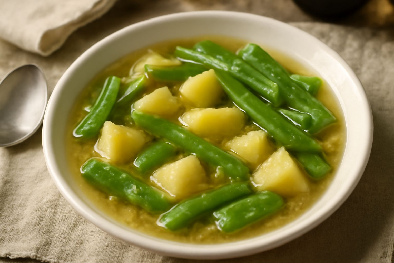 Ciotola di minestra cremosa con cubetti di patata bianca, pezzi di taccole verdi brillanti, cipolla trasparente, servita in piatto bianco con cucchiaio di legno, brodo trasparente, filo di olio verde 