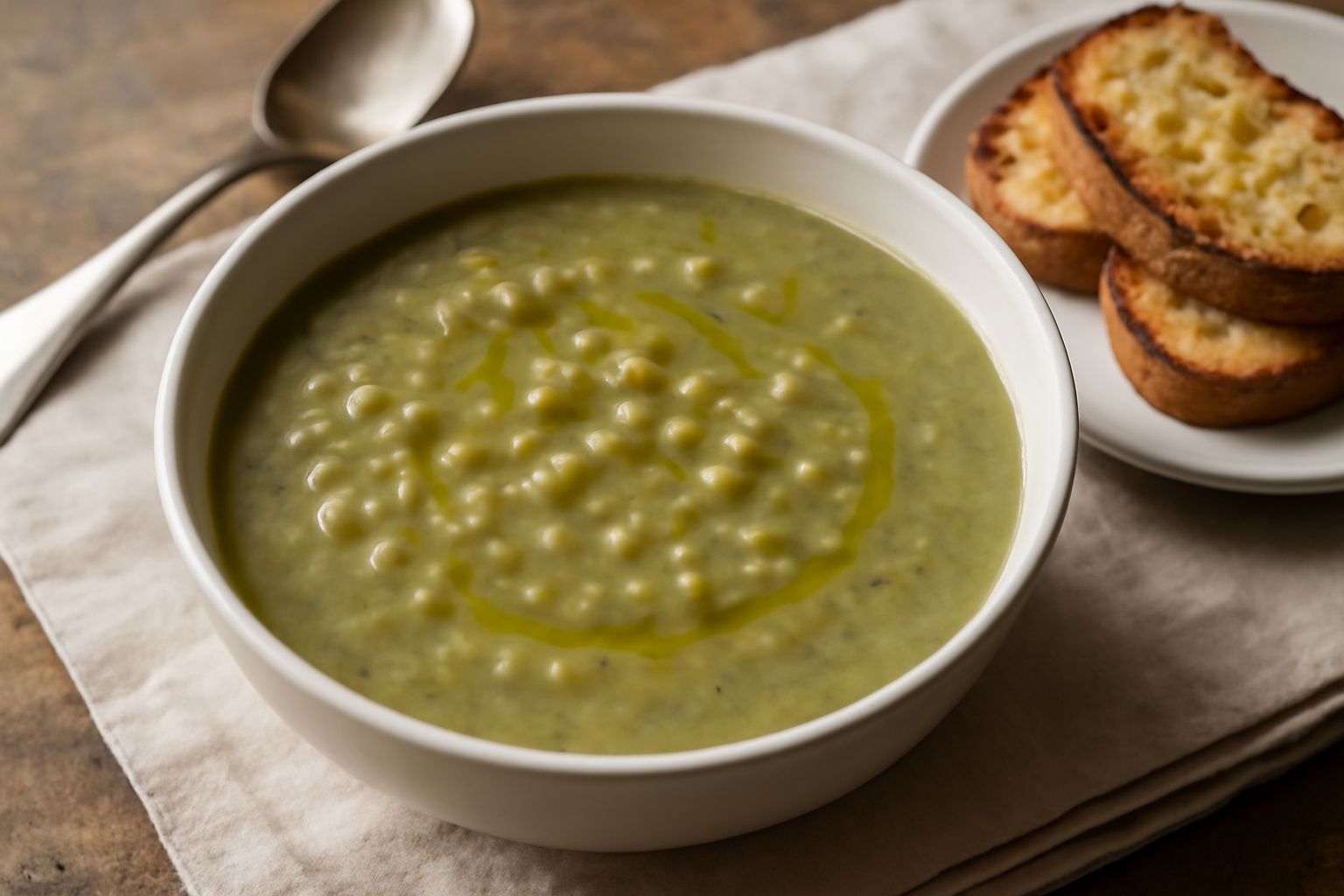 Una ciotola bianca di minestra di teline con legumi verdi cremosi, brodo trasparente, filo di olio d'oliva in superficie, accompagnata da pane tostato
